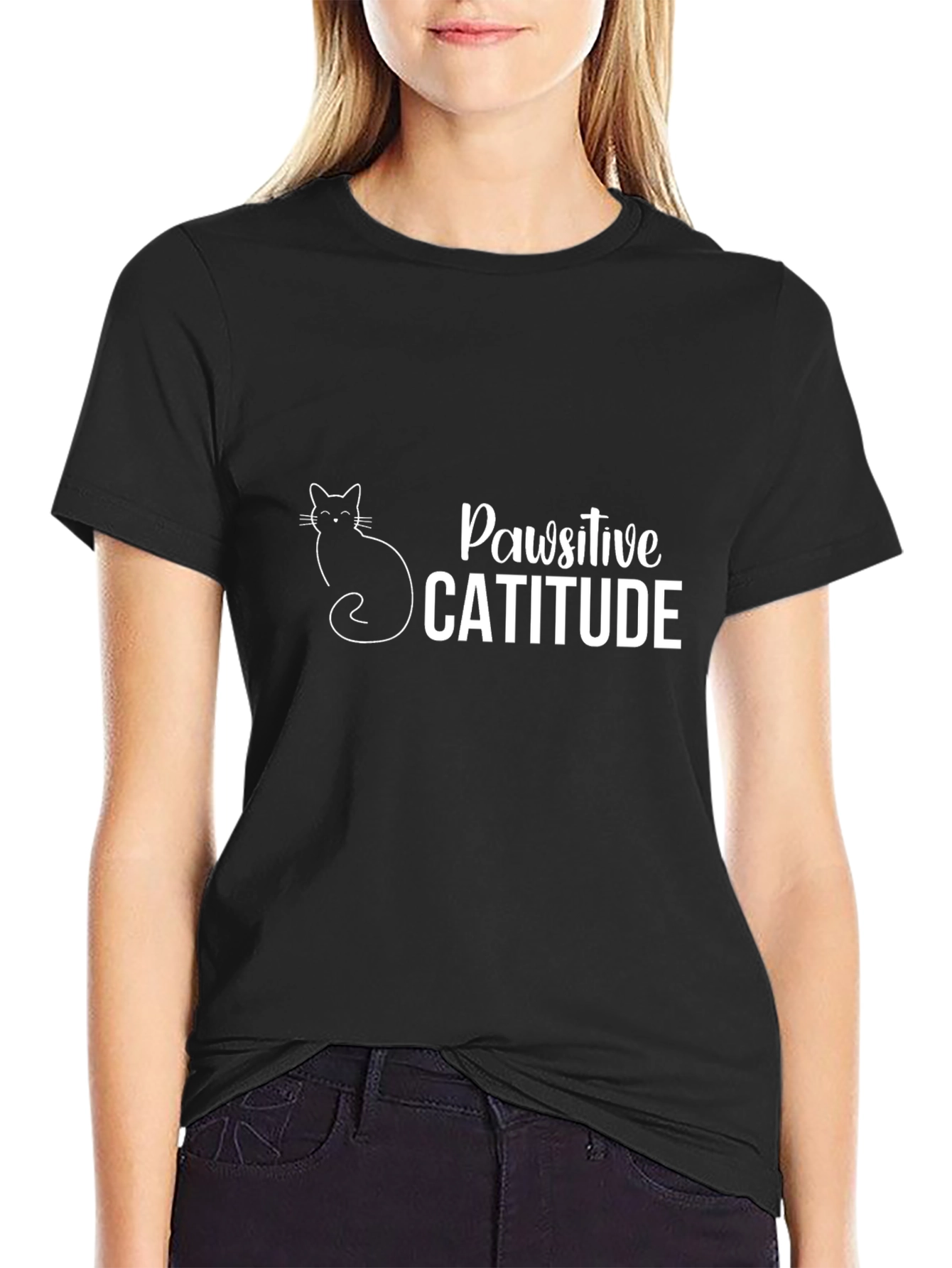 Black Pawsitive Catitude Graphic Tee - Black Cotton T-Shirt view 2