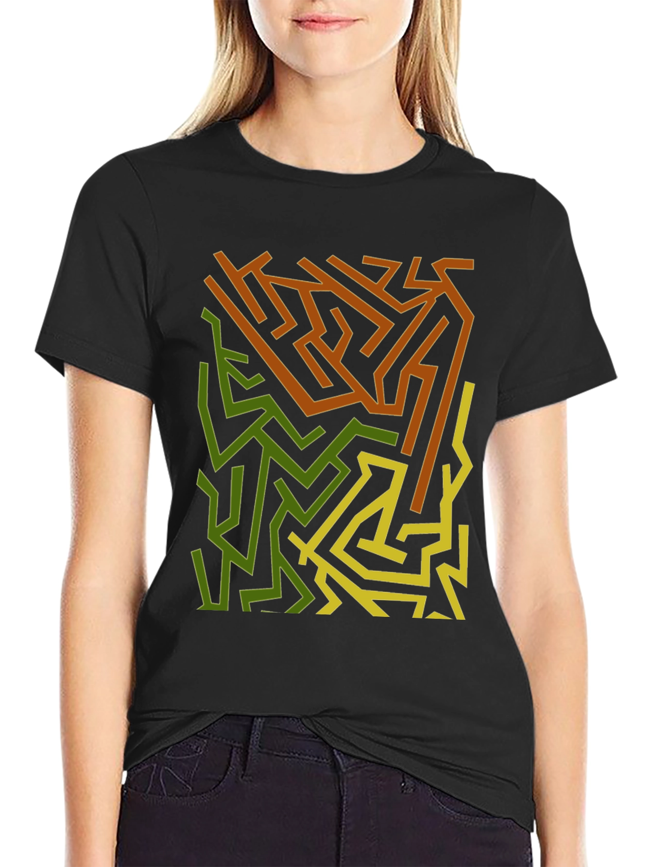 Black Abstract Maze Graphic Print Black T-Shirt view 2