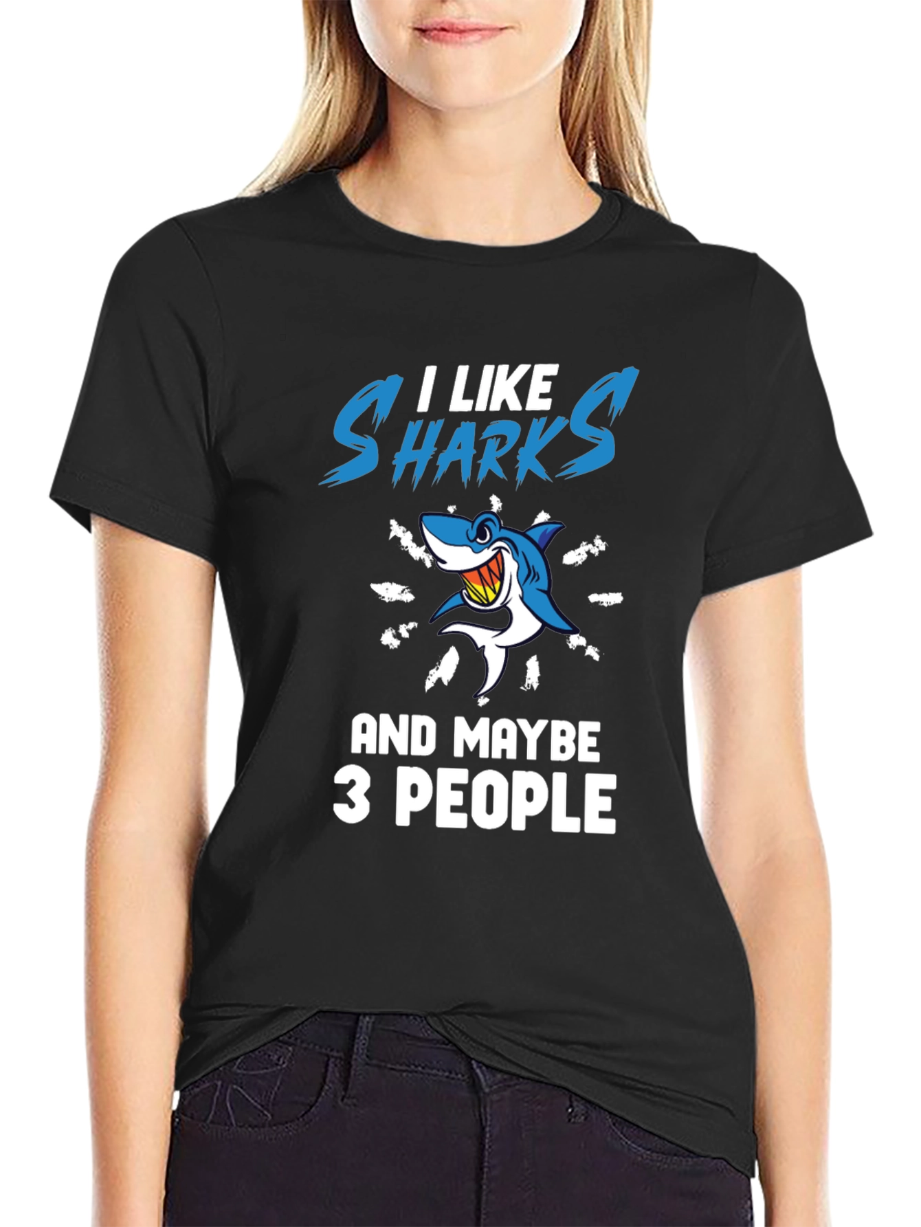 Black I Like Sharks and Maybe 3 People Graphic T-Shirt view 2