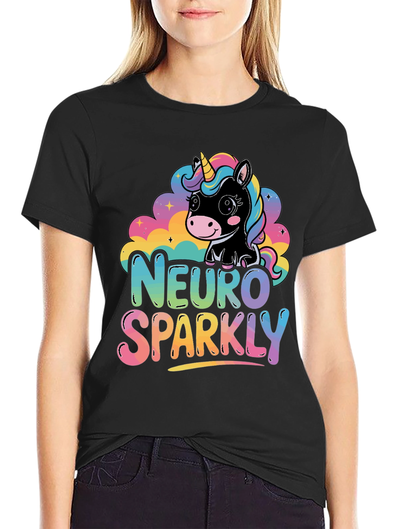 Black Neuro Sparkly Unicorn Graphic Tee view 2