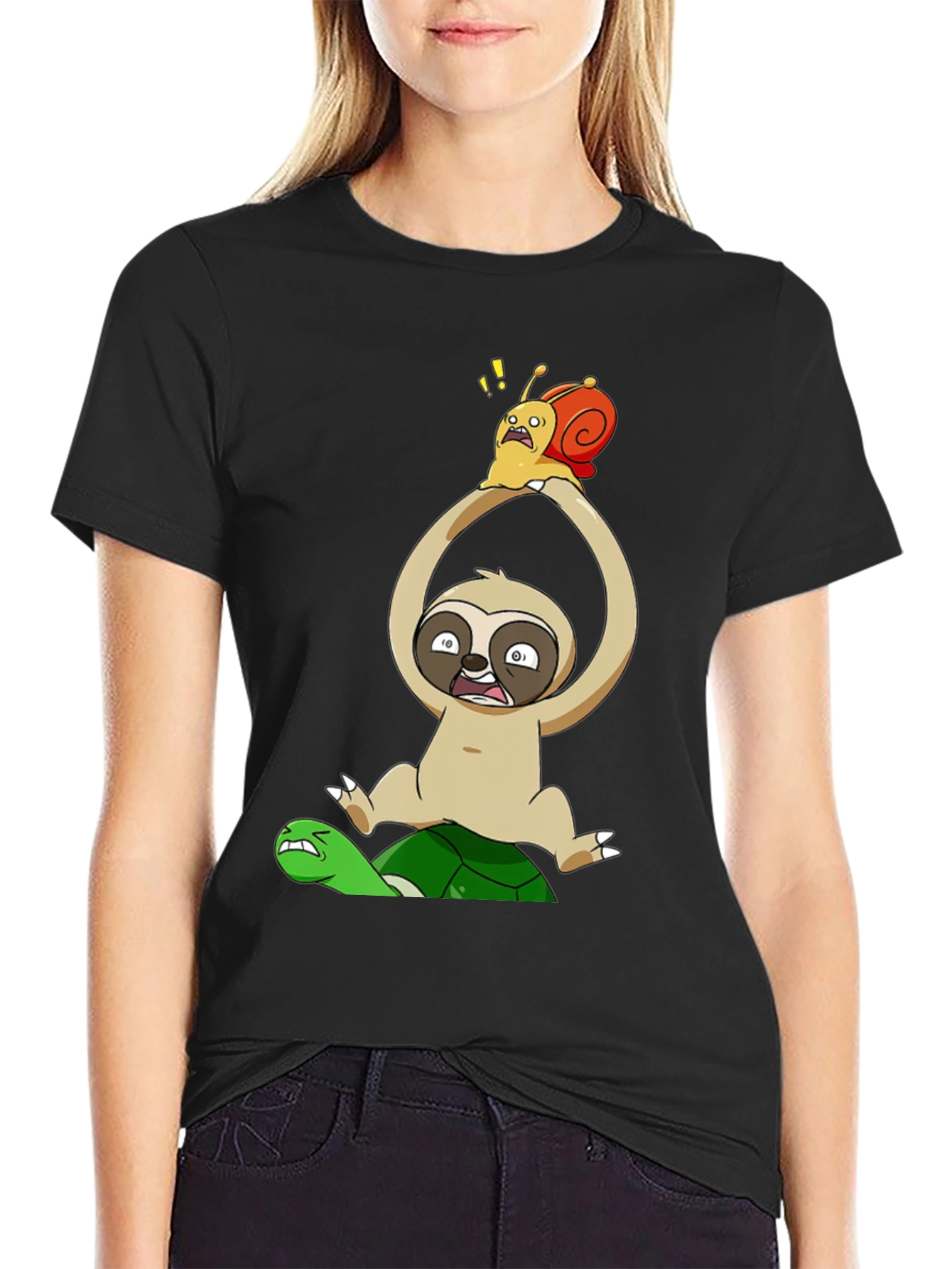 Black Funny Cartoon Animal T-Shirt: Sloth, Snail, Turtle view 2