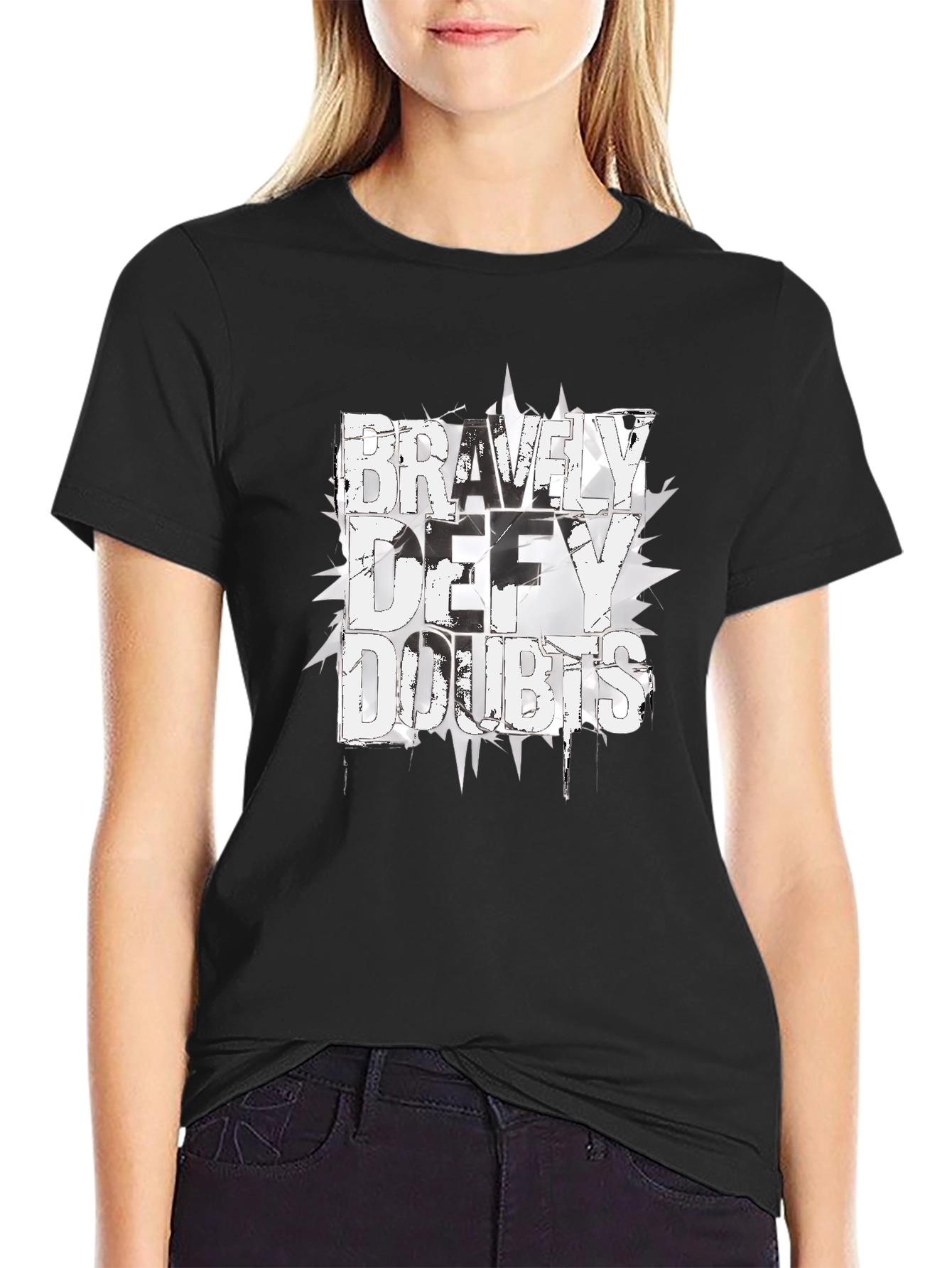 Black Bravely Defy Doubts Graphic Tee - Black Cotton T-Shirt view 2