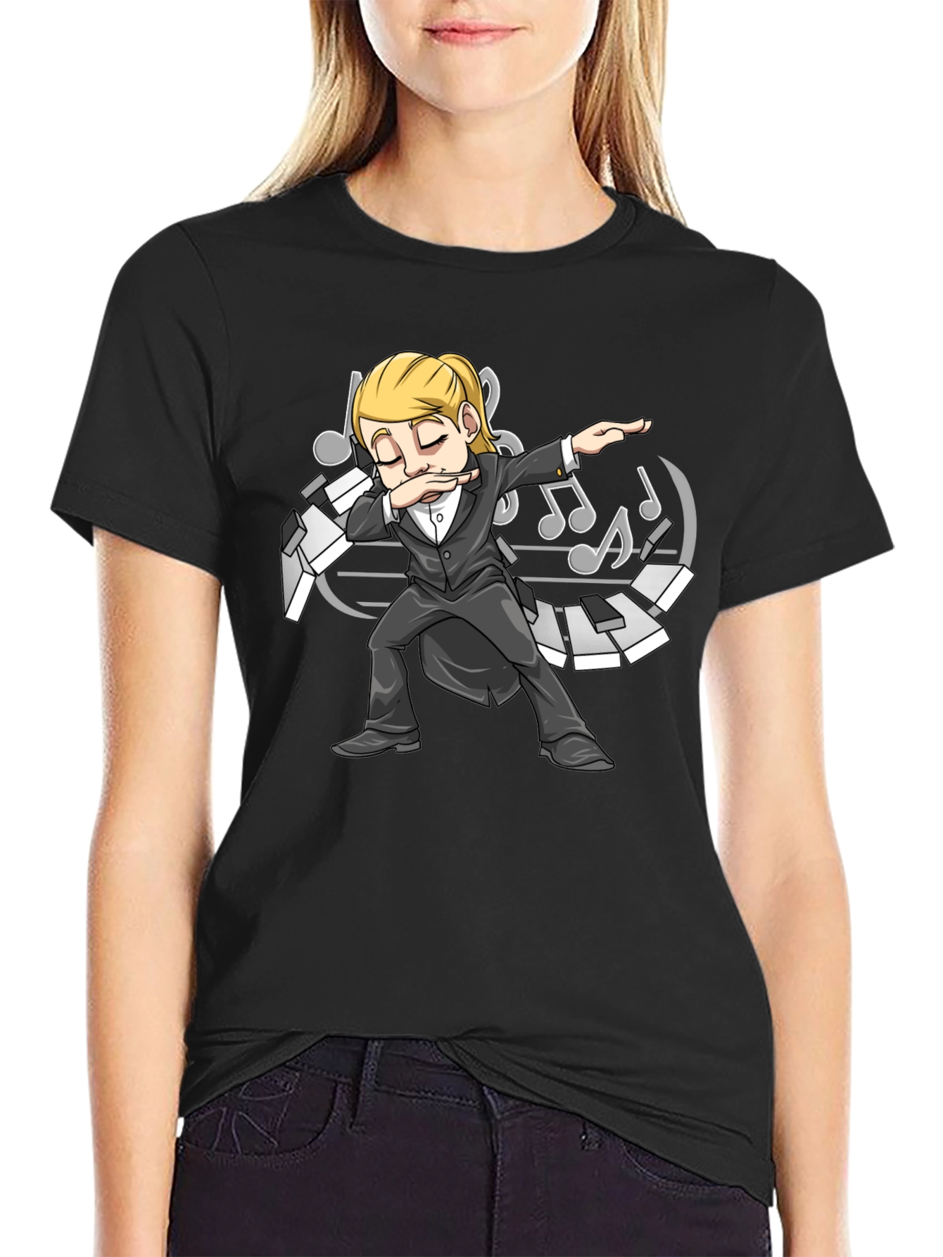 Black Dabbing Pianist T-Shirt - Music Lover Tee view 2