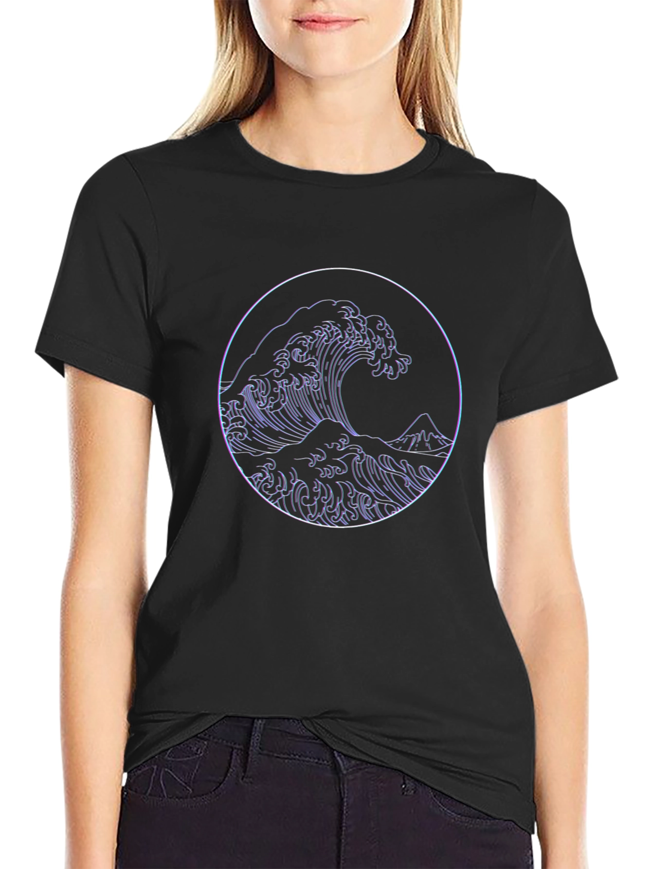 Black Great Wave Graphic Tee - Black Crew Neck T-Shirt view 2