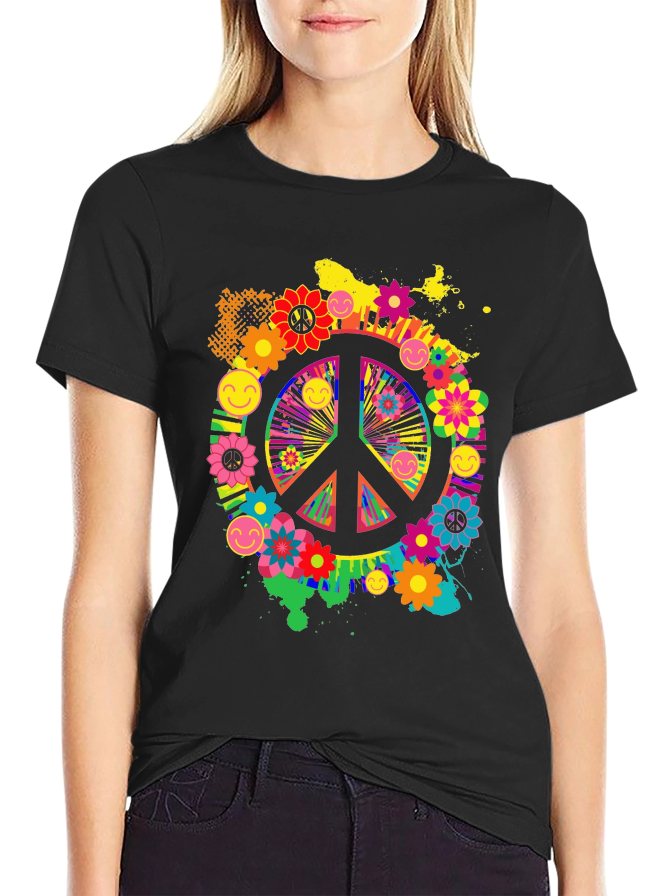 Black Groovy Peace Sign Graphic Tee - Retro Style view 2