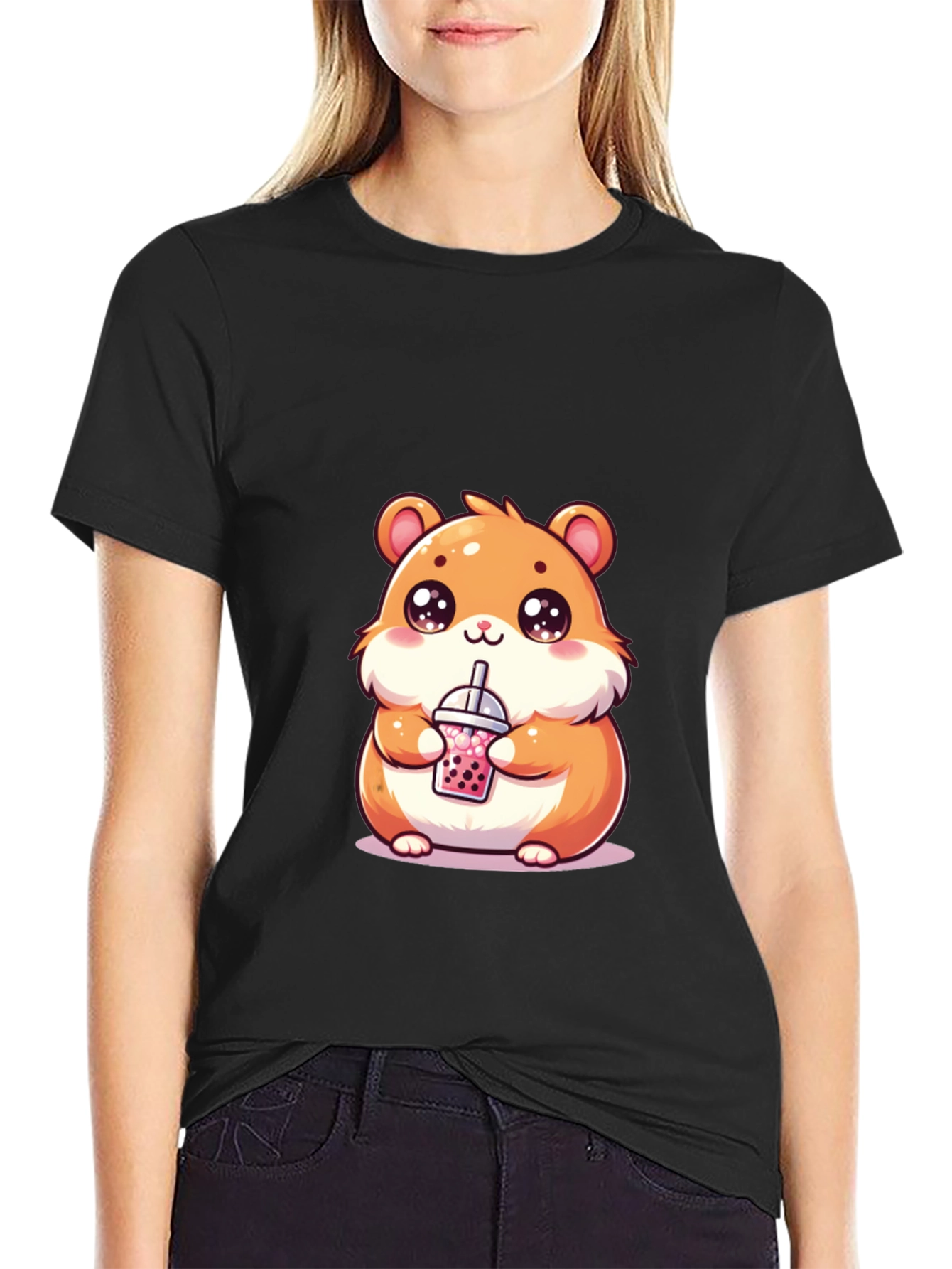 Black Cute Hamster Boba Tea Graphic T-Shirt view 2