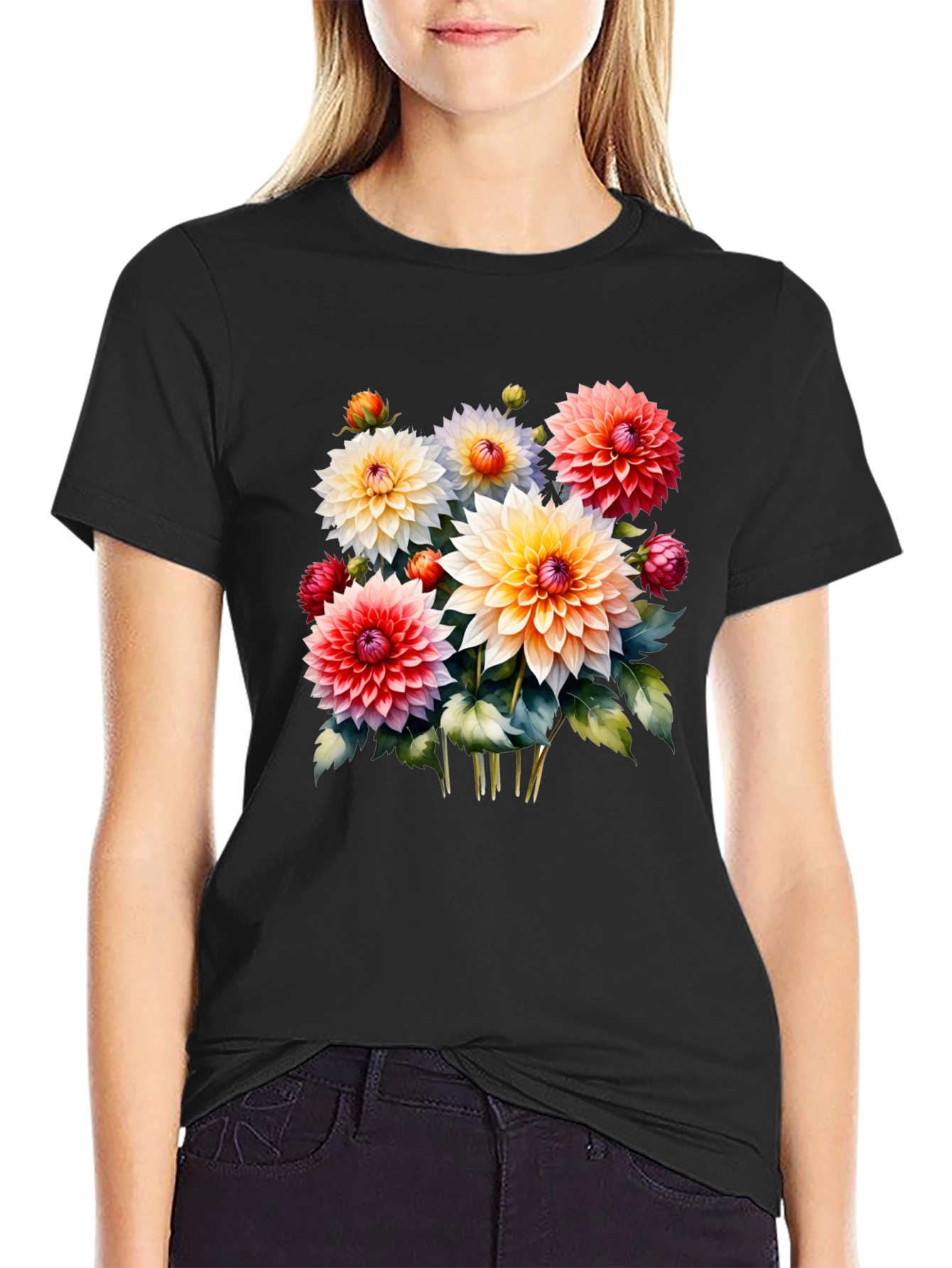 Black Floral Graphic Tee - Colorful Dahlia Design view 2