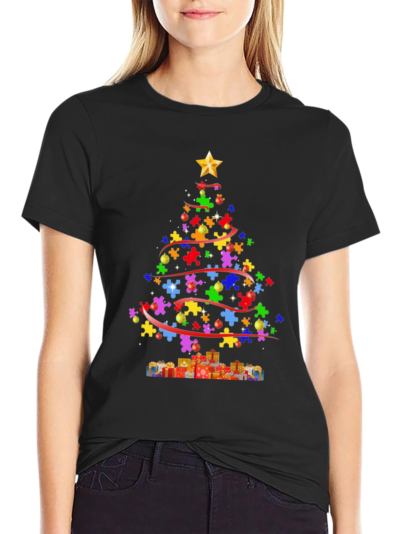 Black Puzzle Piece Christmas Tree T-Shirt view 2