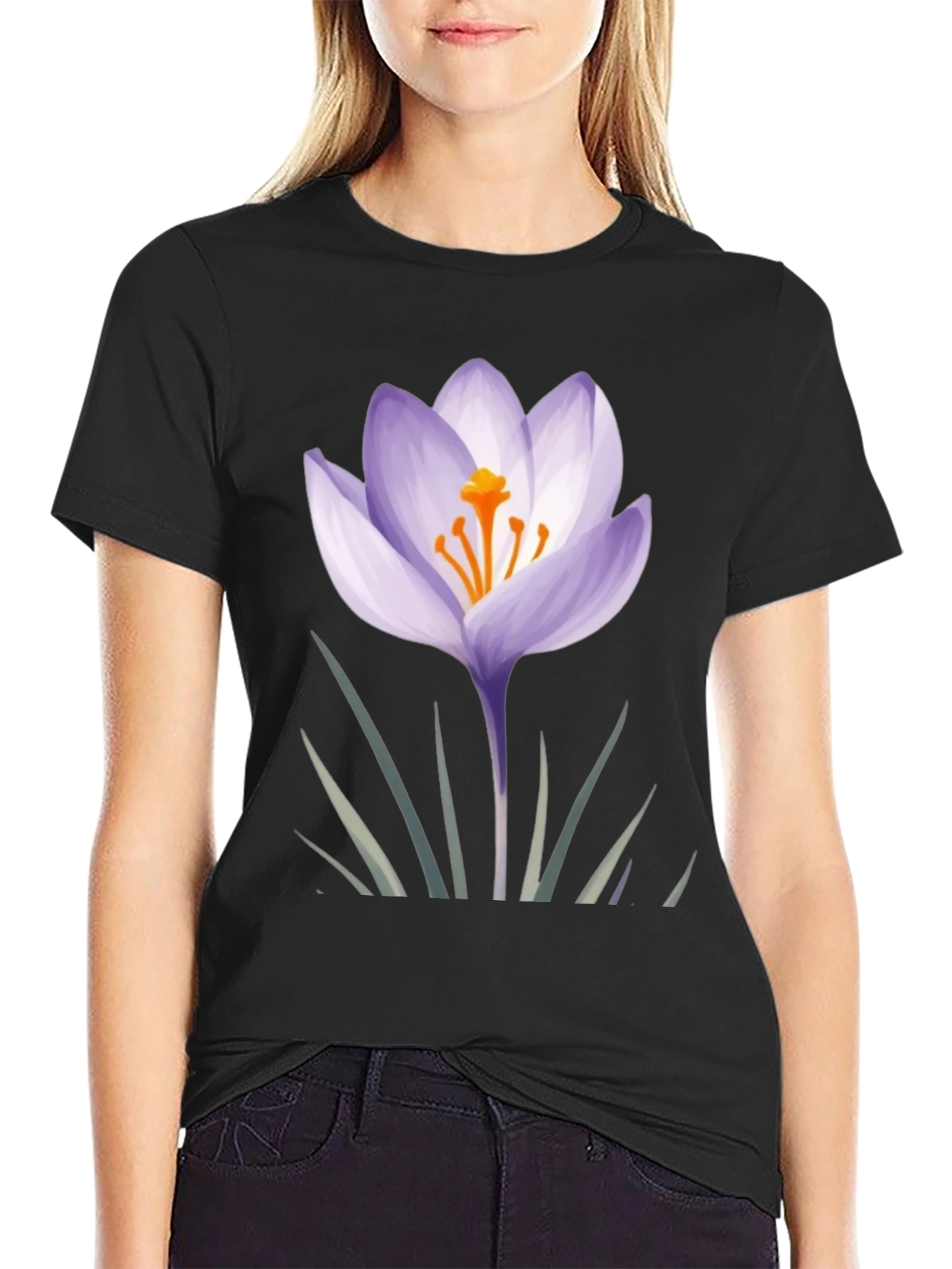 Black Crocus Flower Graphic Black T-Shirt view 2