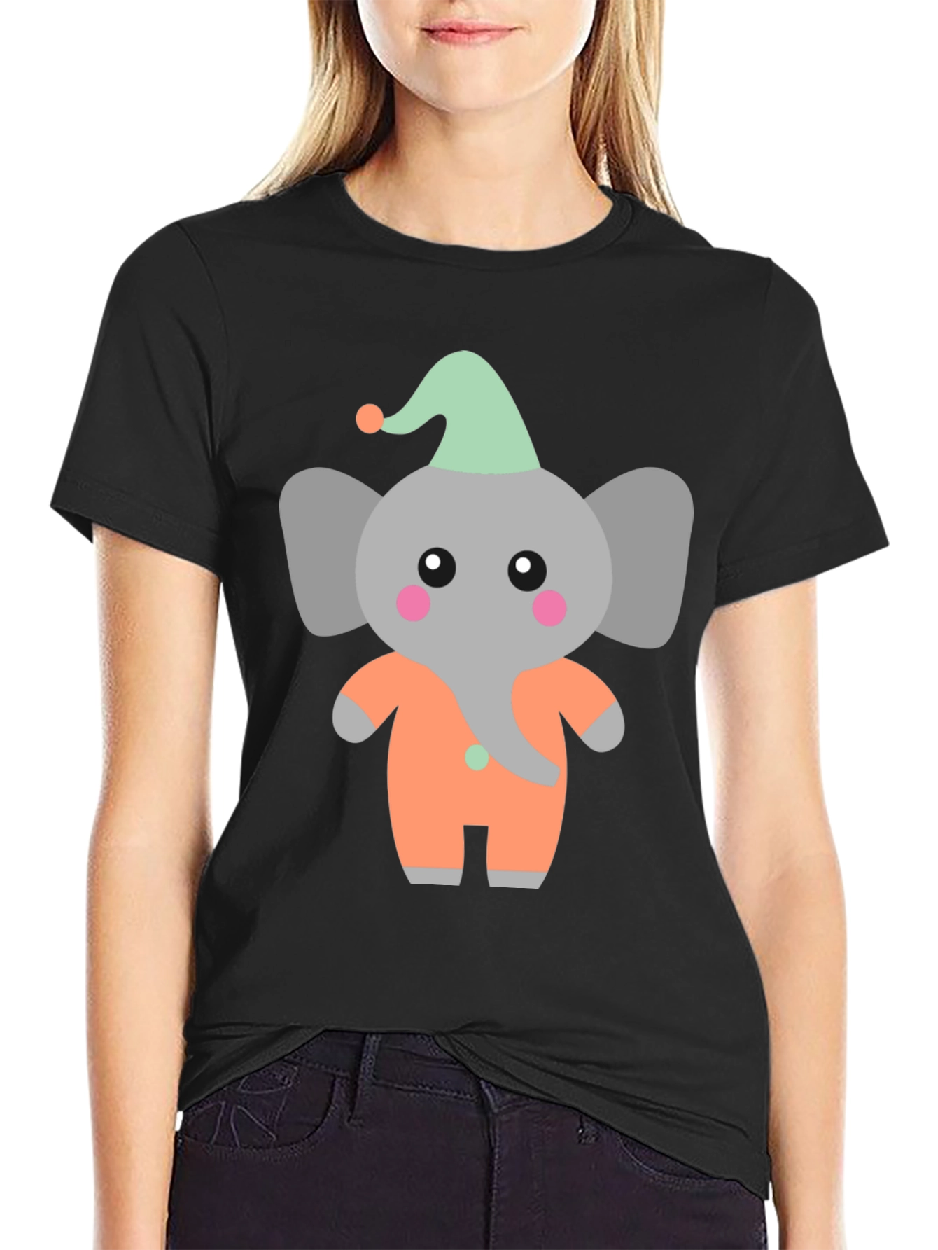 Black Cute Elephant Cartoon Black T-Shirt view 2