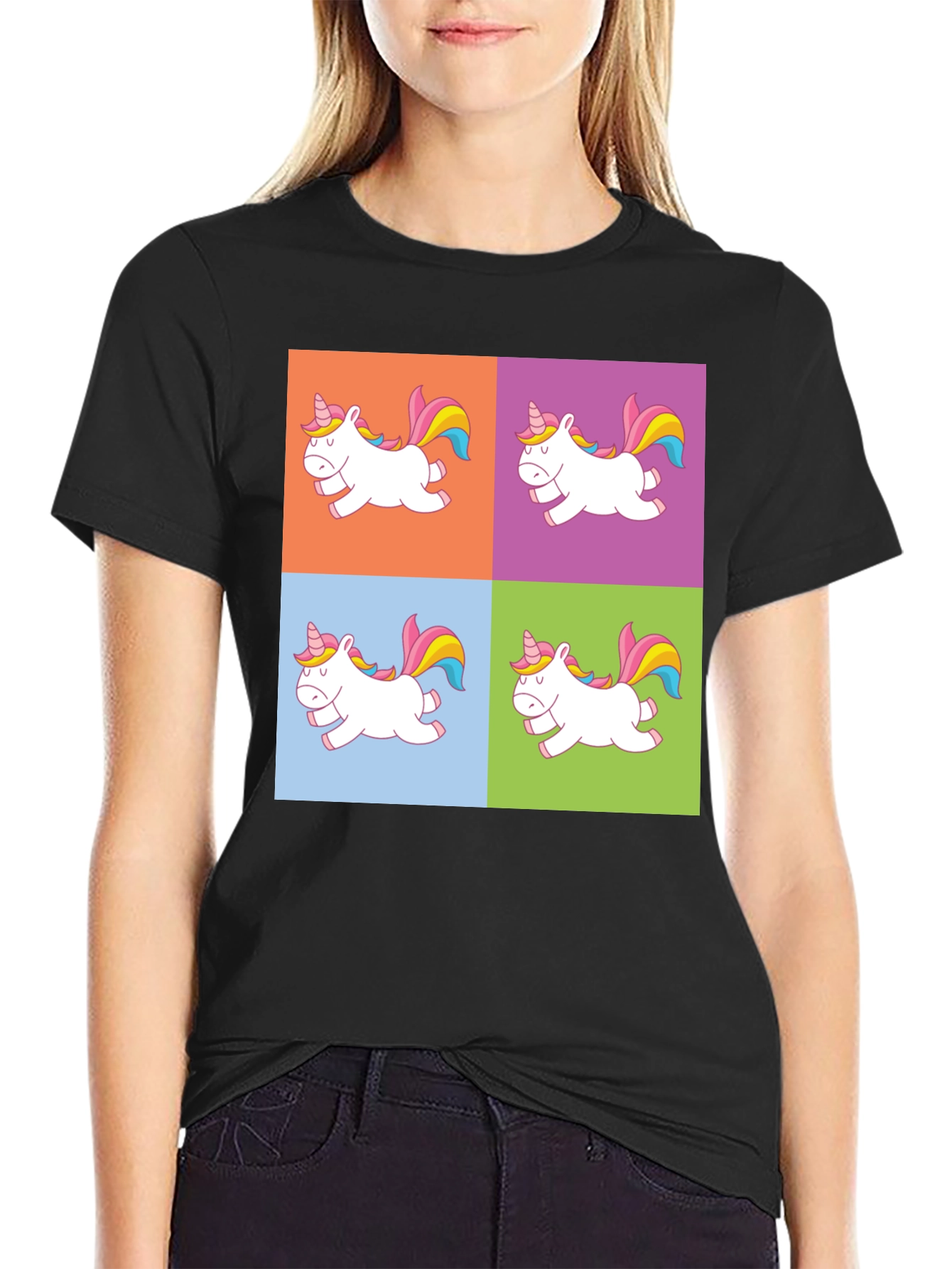 Black Unicorn Pop Art Graphic Print Black T-Shirt view 2