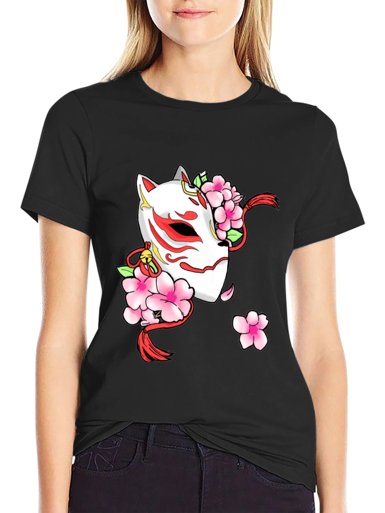Black Sakura Kitsune Mask Graphic Tee - Black view 2