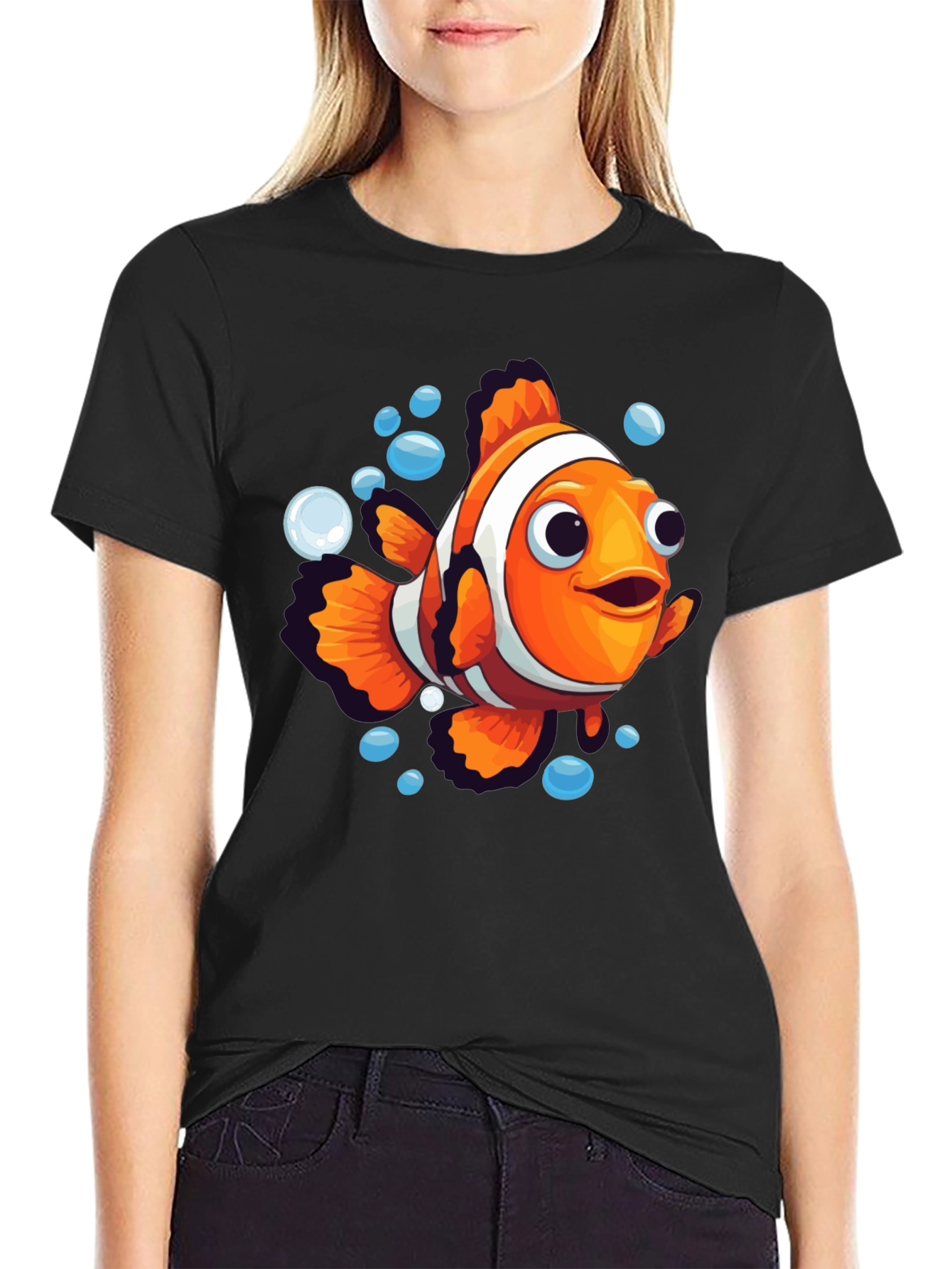 Black Cartoon Clownfish Graphic Tee - Soft Black Cotton view 2