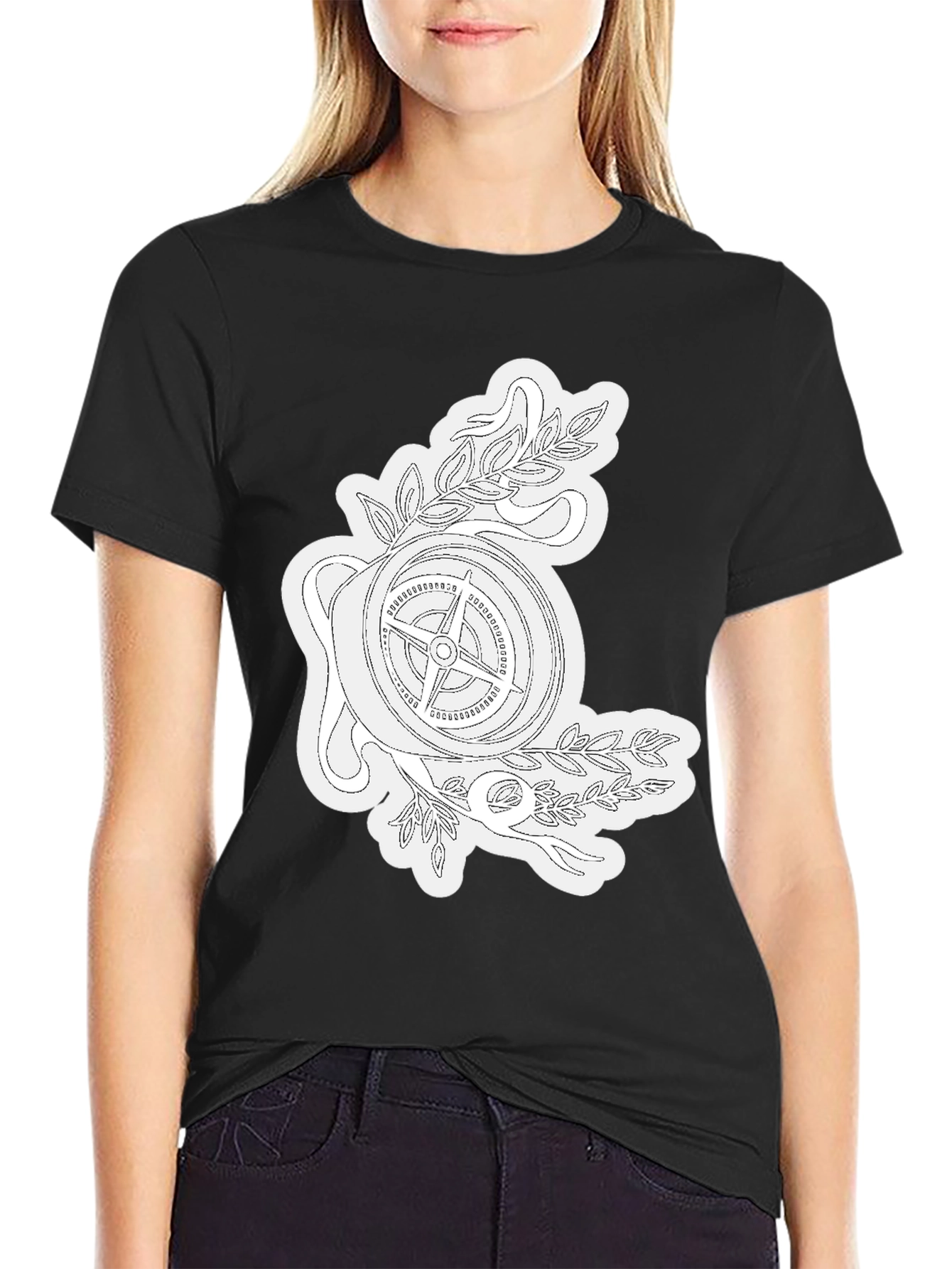 Black Compass Rose Graphic Tee - Black Cotton T-Shirt view 2