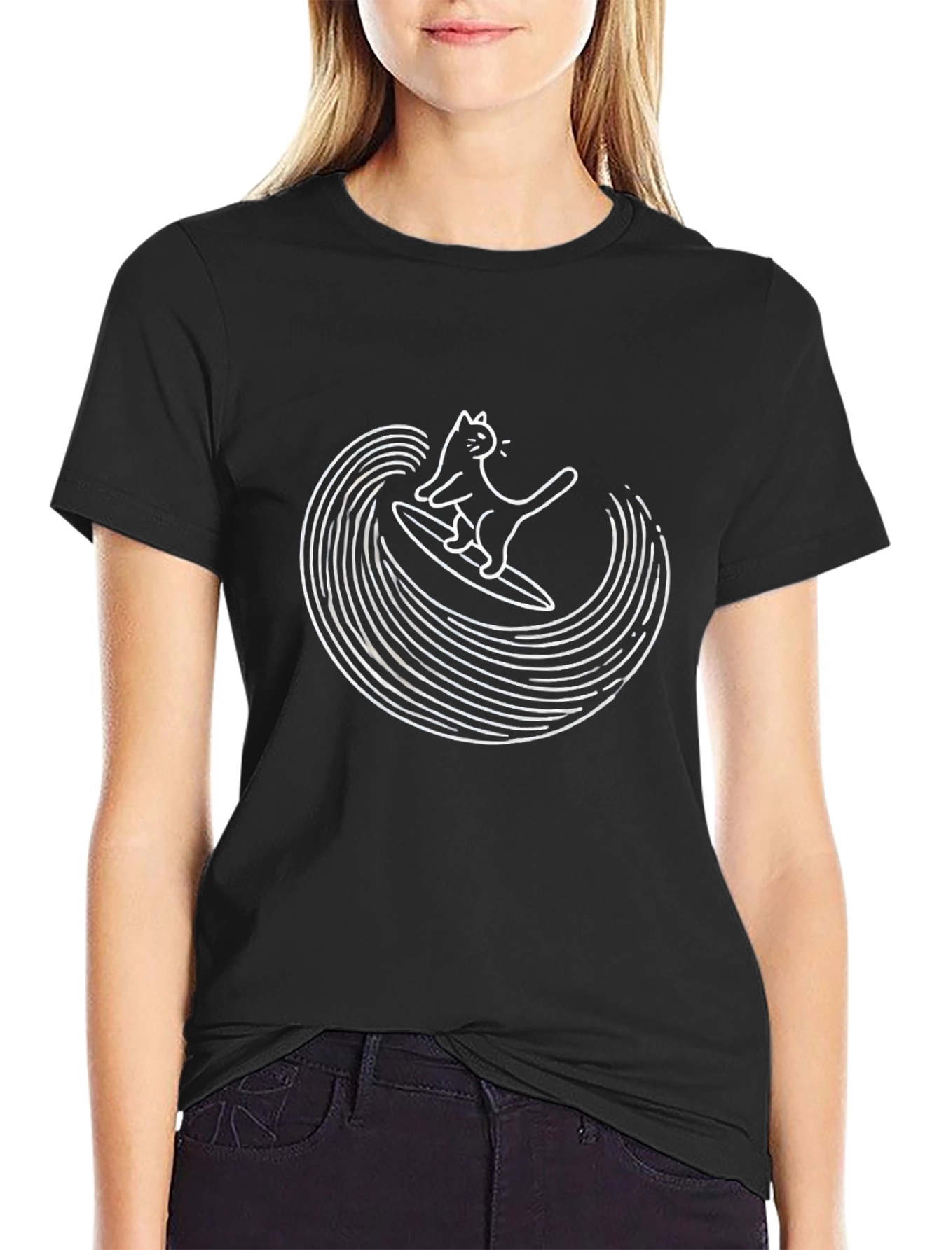 Black Cool Cat Surfing Wave Graphic T-Shirt view 2