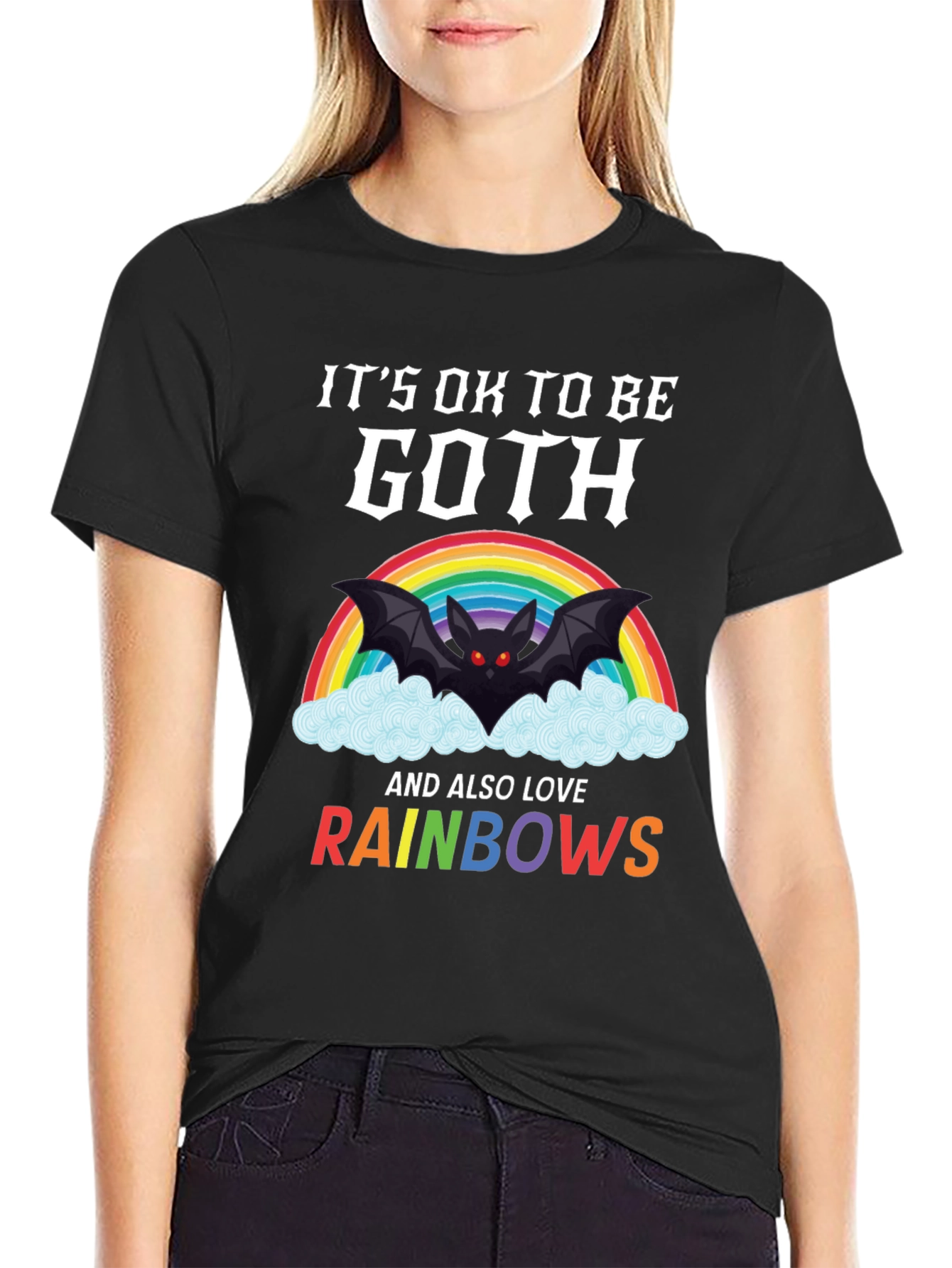 Black Goth & Rainbows Graphic T-Shirt - Soft Cotton Tee view 2