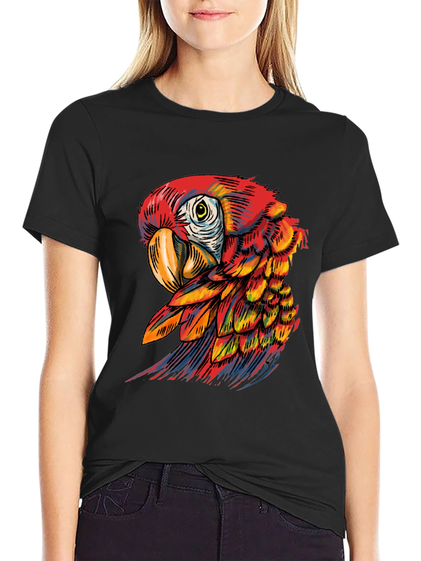 Black Vibrant Parrot Graphic Tee - Soft Black Cotton Blend view 2