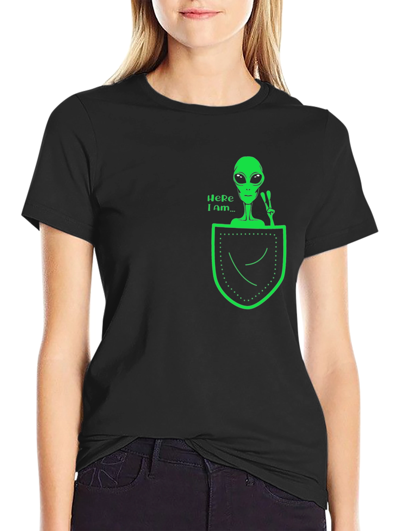 Black Alien in Pocket Graphic Tee - Black Cotton T-Shirt view 2