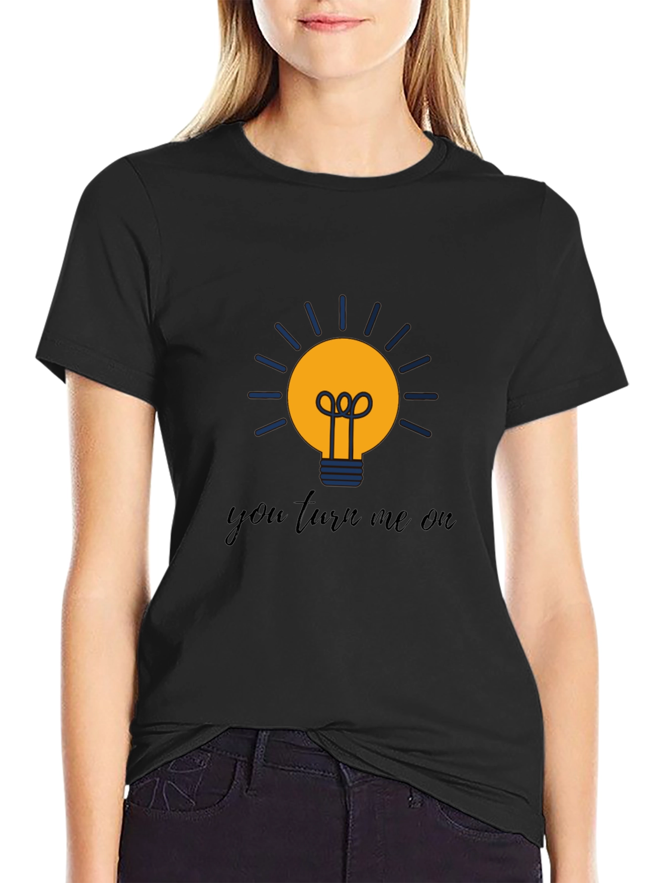 Black Humorous "You Turn Me On" Lightbulb Graphic Tee view 2