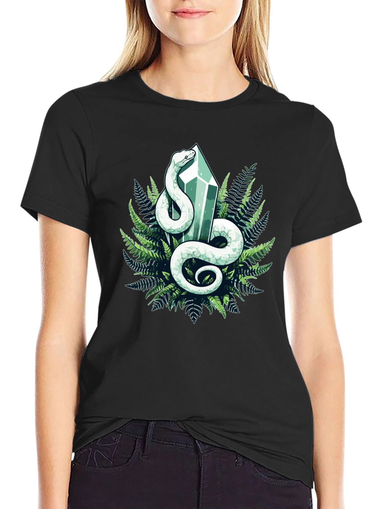 Black Snake and Crystal T-Shirt - Black Cotton Tee view 2