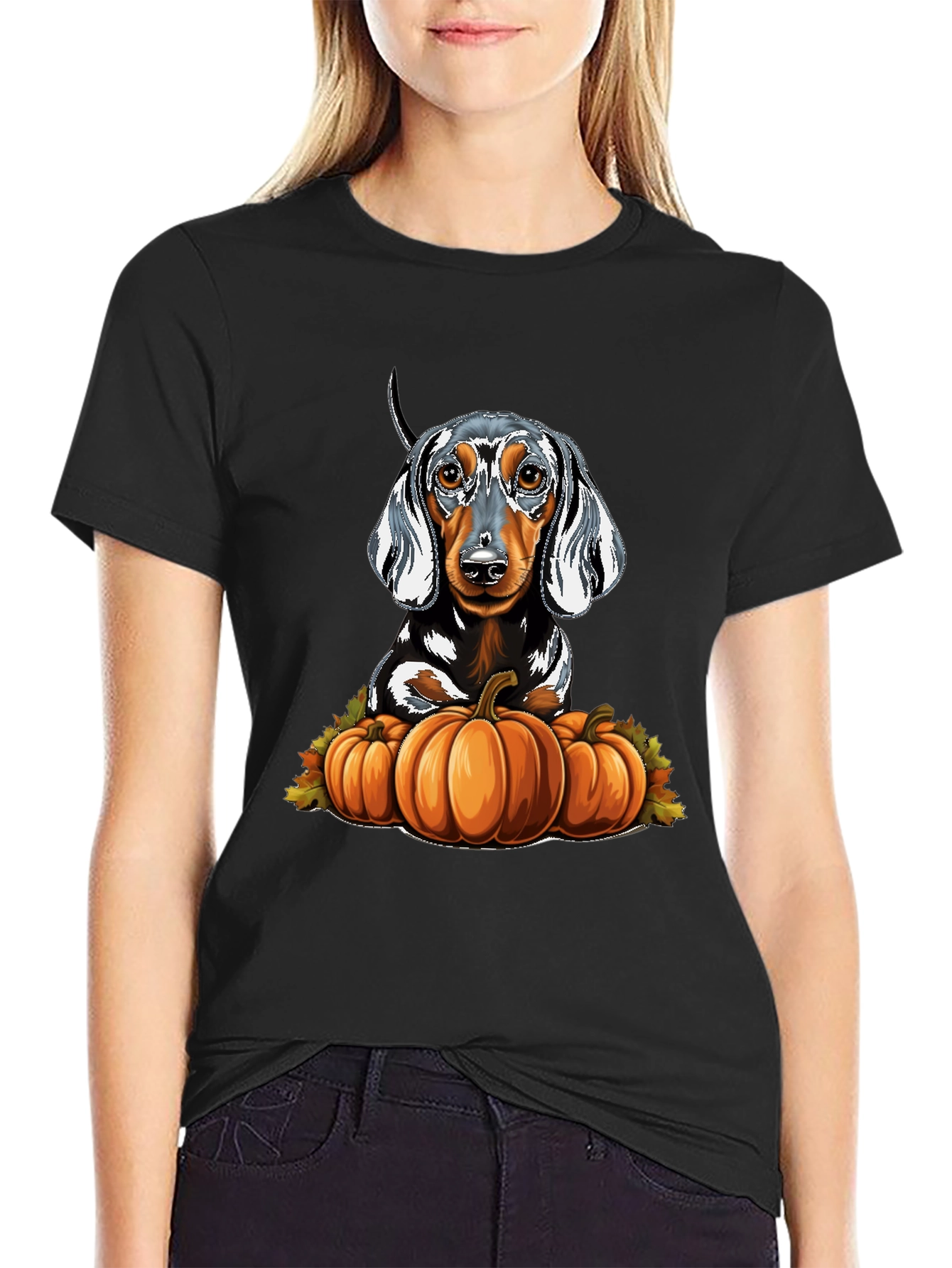 Black Dachshund & Pumpkins Graphic Tee view 2