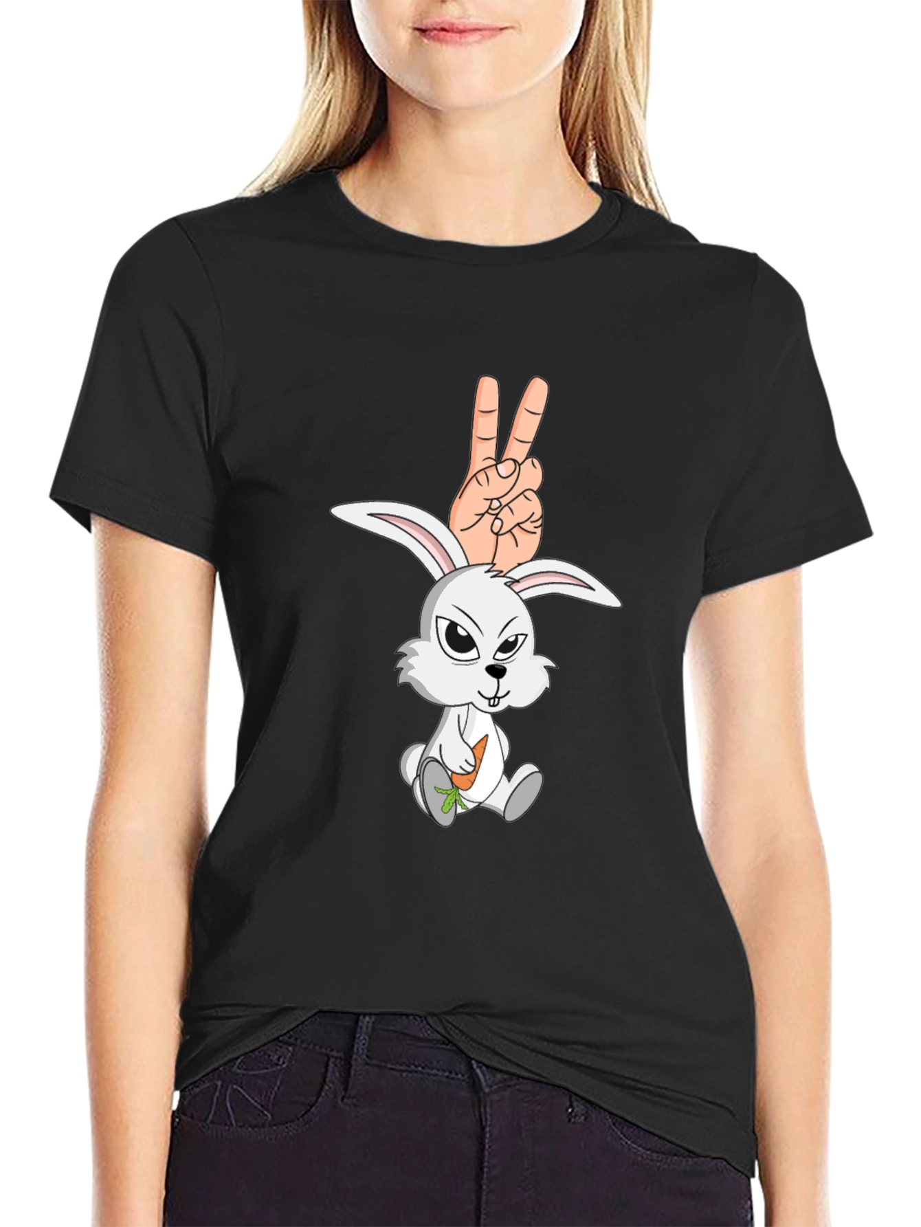 Black Cool Rabbit Peace Sign Graphic Black T-Shirt view 2