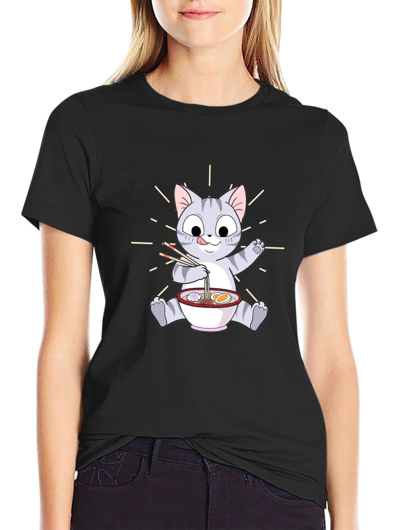 Black Cute Cat Ramen T-Shirt - Unisex Graphic Tee view 2