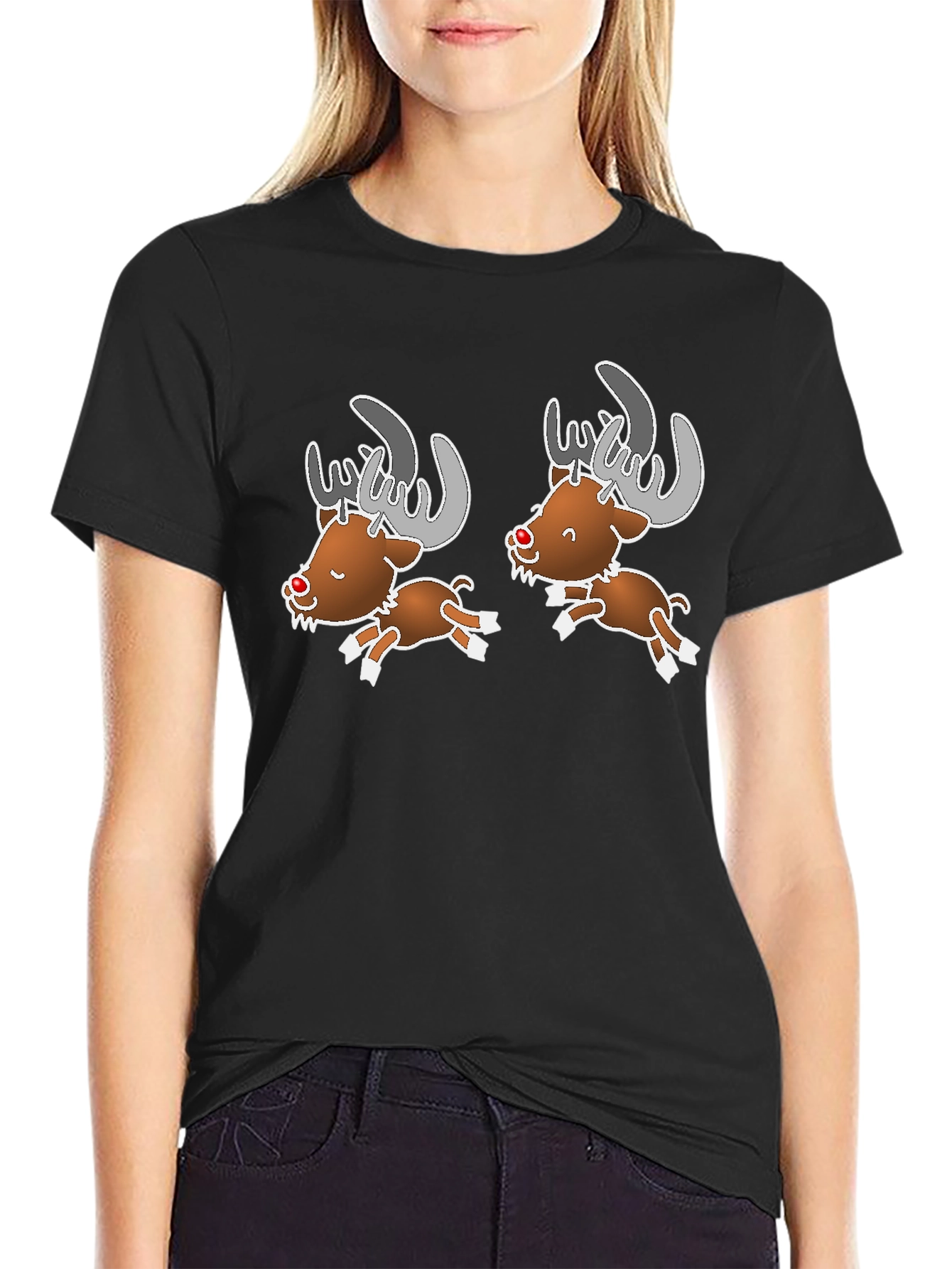 Black Cartoon Reindeer Graphic Tee view 2