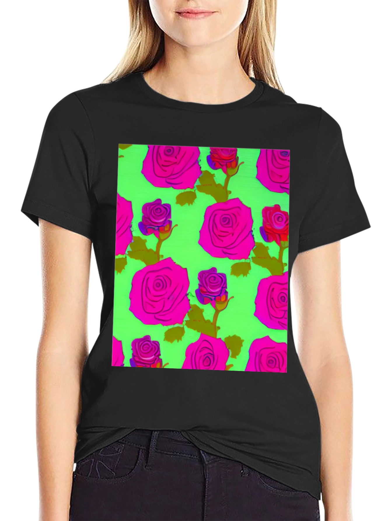 Black Vibrant Floral Rose Pattern Tee - Trendy Graphic T-Shirt view 2