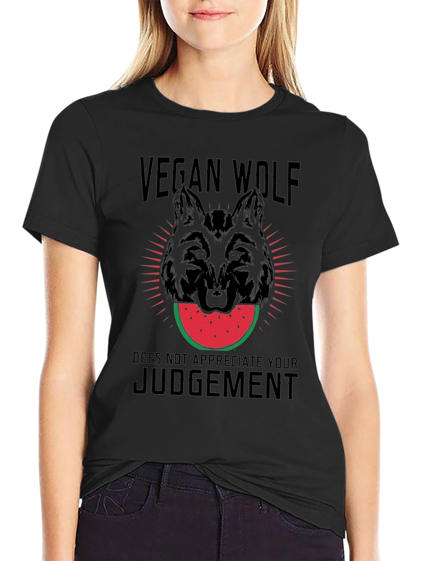 Black Vegan Wolf T-Shirt - Watermelon Design view 2