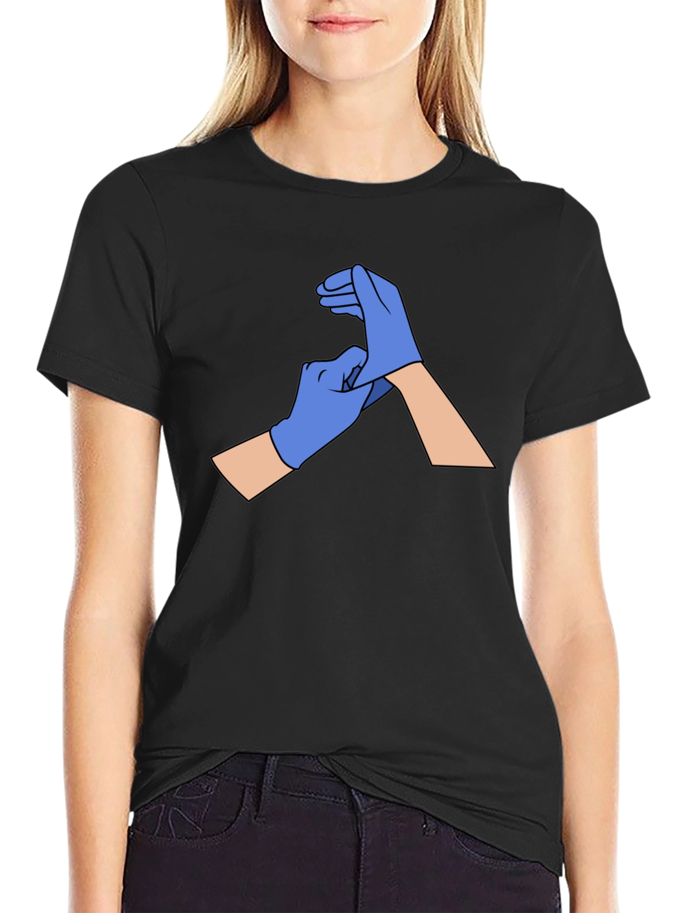 Black Gloved Hands Graphic Tee - Black Cotton T-Shirt view 2