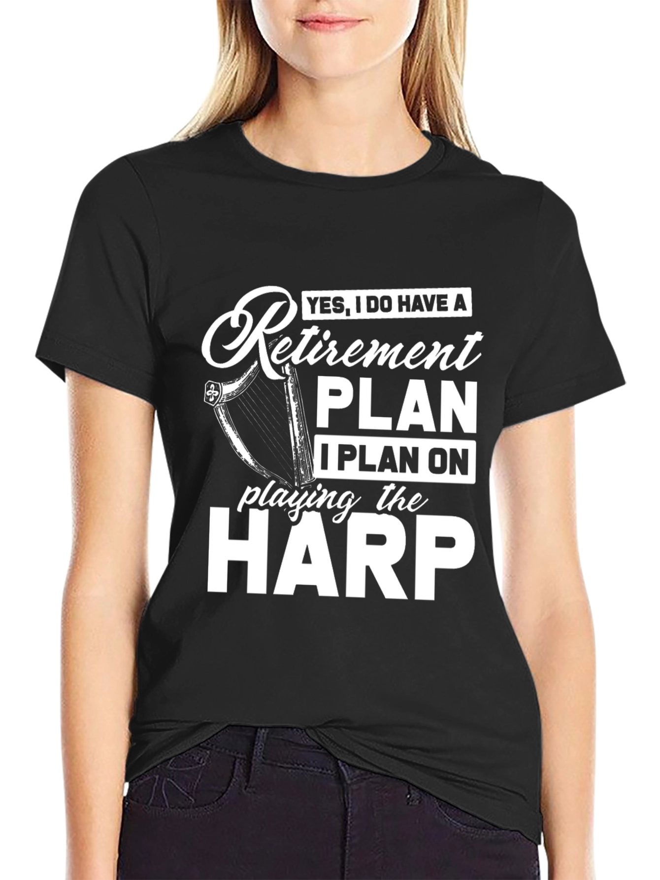 Black Retirement Plan Harp Player Black T-Shirt view 2