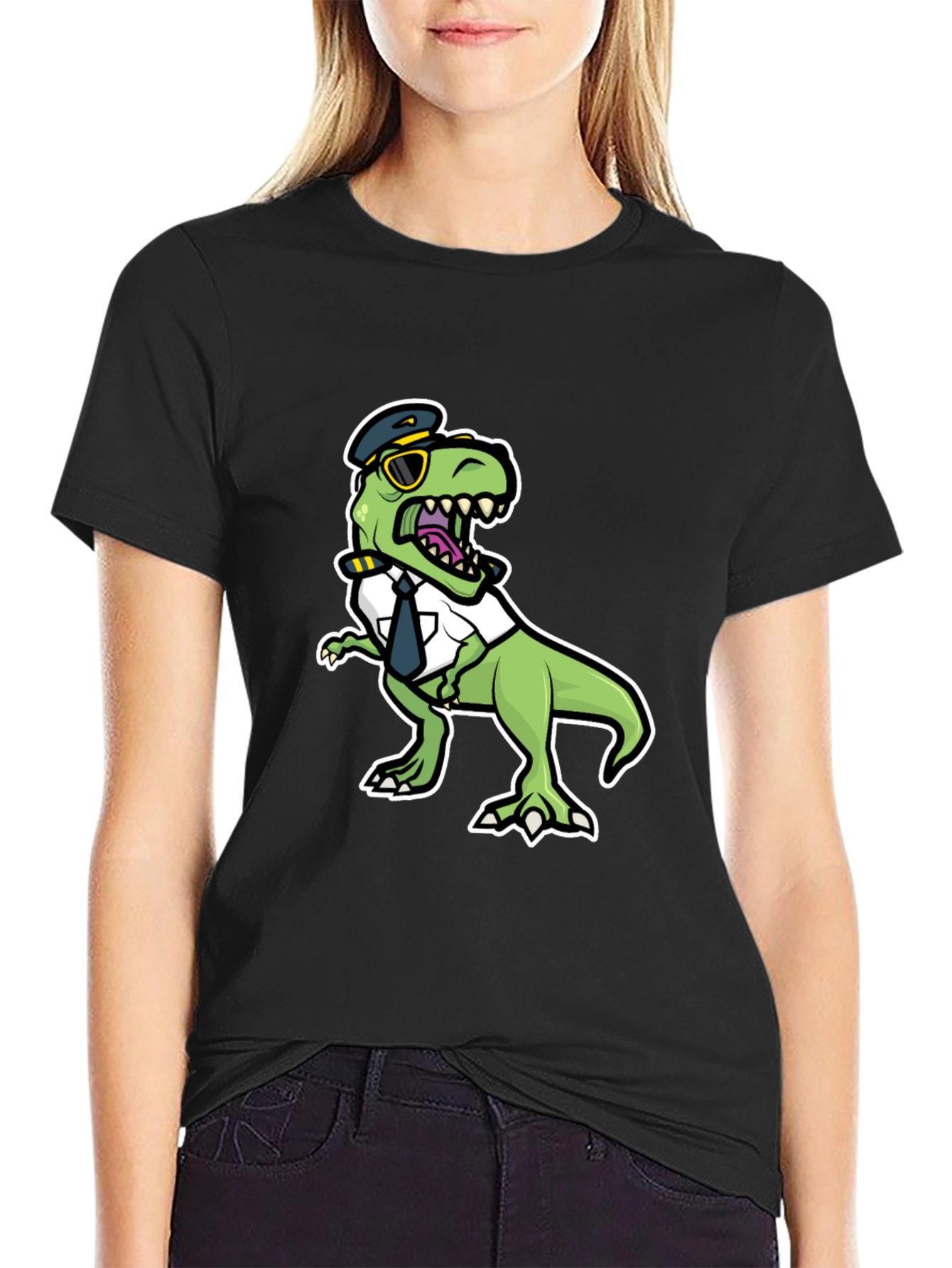Black Pilot Dino T-Shirt - Funny Trex Aviation Tee view 2