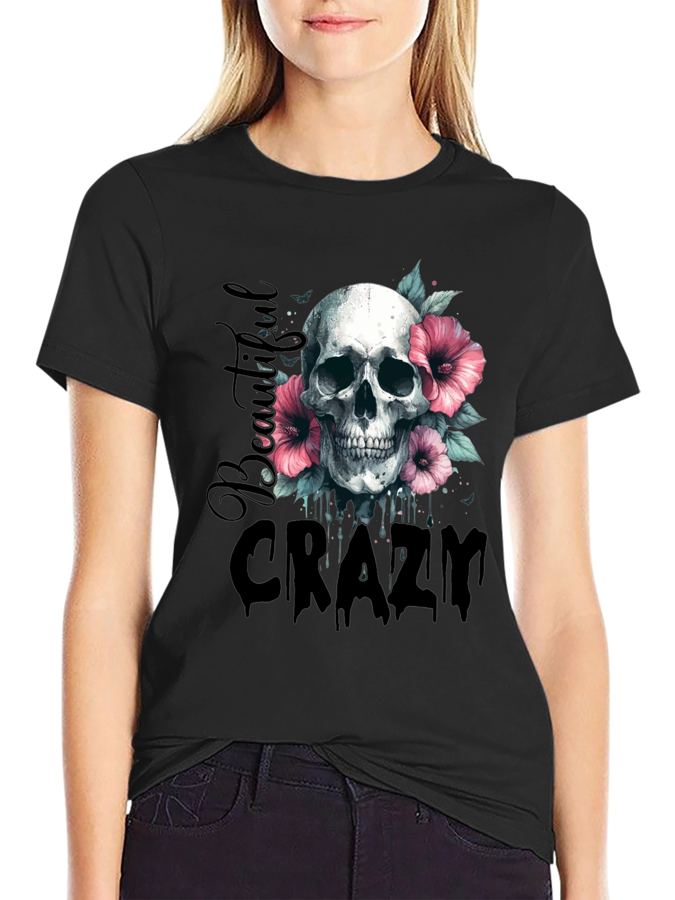 Black Skull & Flowers Graphic Tee - Beautiful Crazy Design view 2