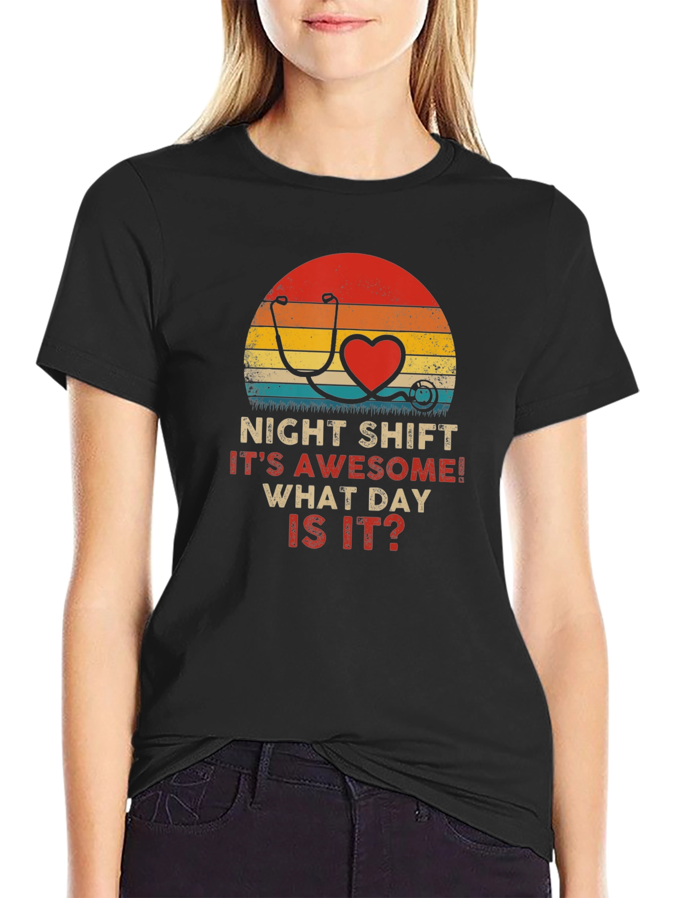 Black Night Shift Nurse Stethoscope Heart Retro T-Shirt view 2