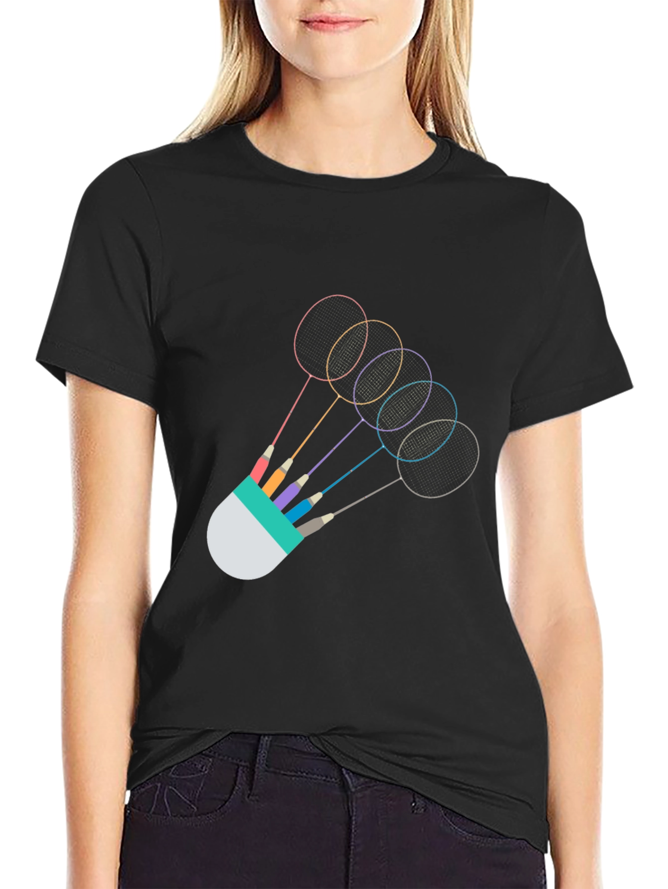 Black Badminton Rackets Graphic Tee - Unique Sportswear view 2