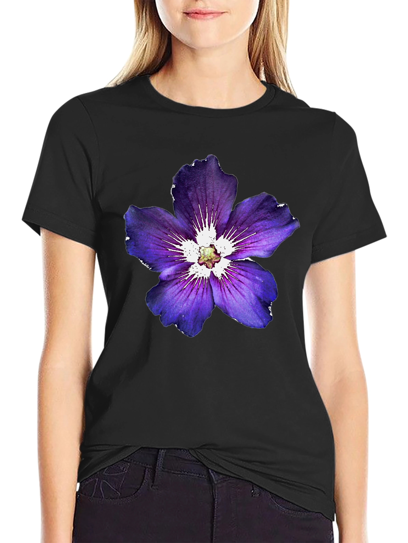 Black Floral Graphic Tee - Purple Flower Design, Casual Wear view 2
