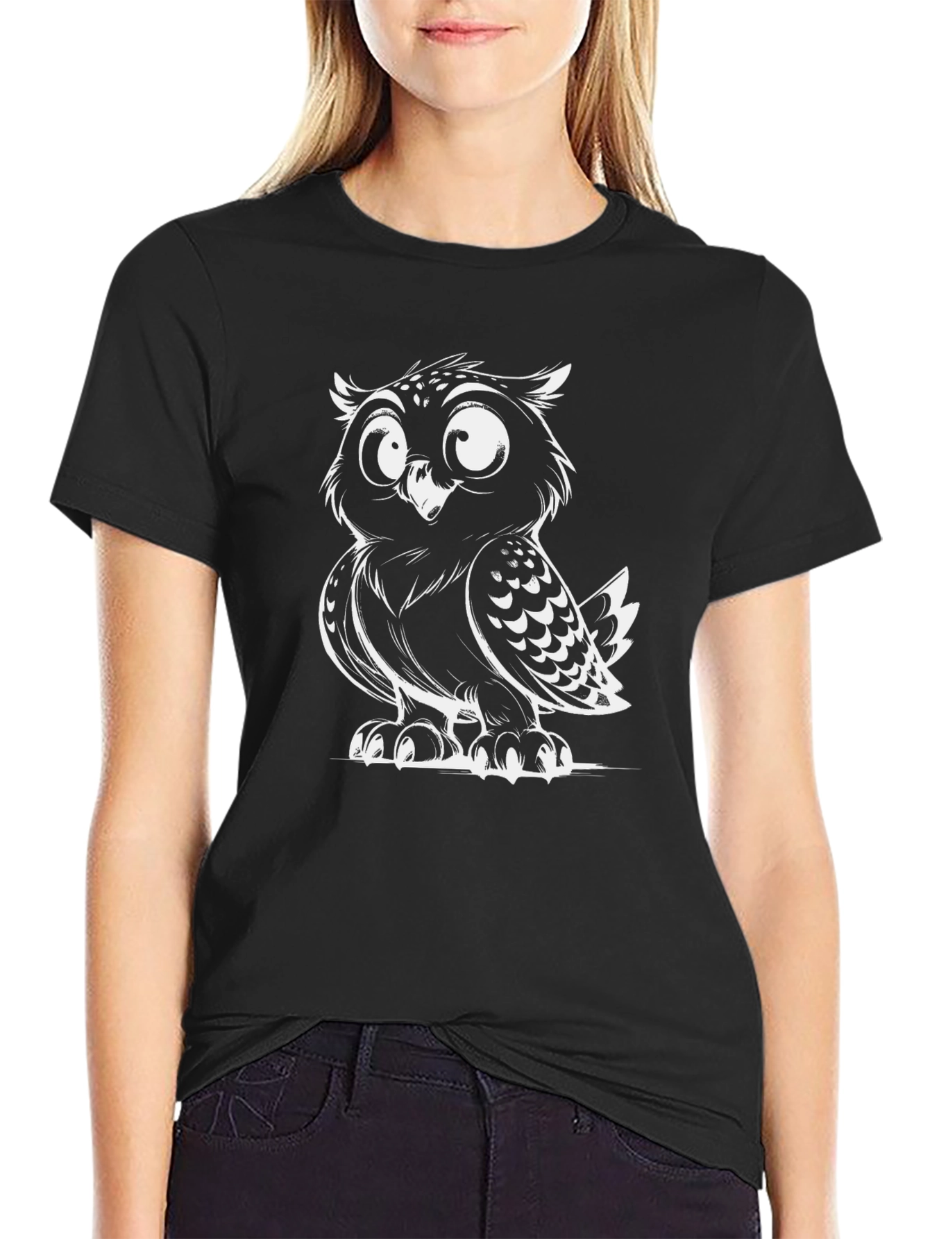 Black Cool Owl Graphic Tee - Black Cotton T-Shirt view 2