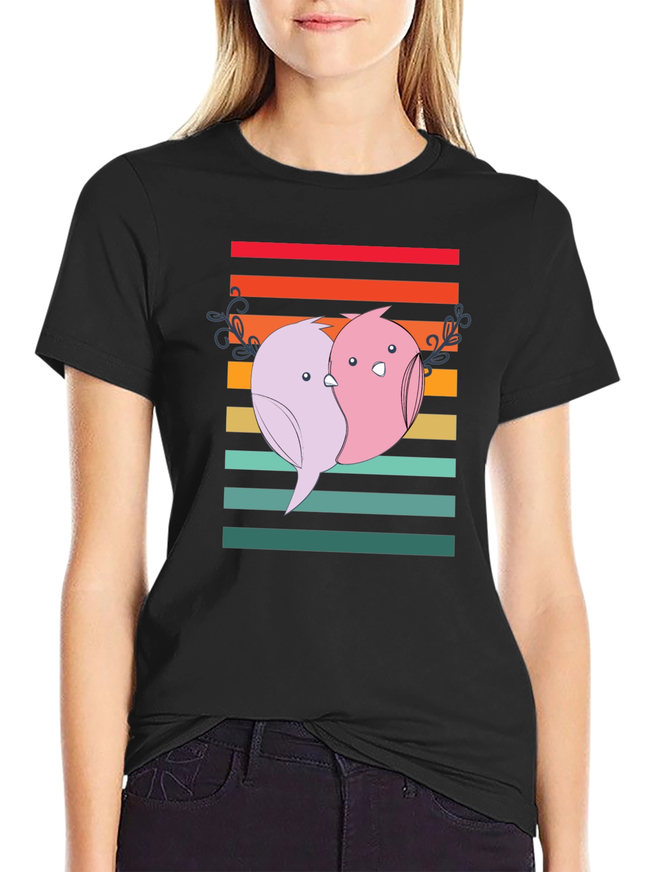 Black Cute Love Birds Graphic Tee - Stylish Unisex T-Shirt view 2