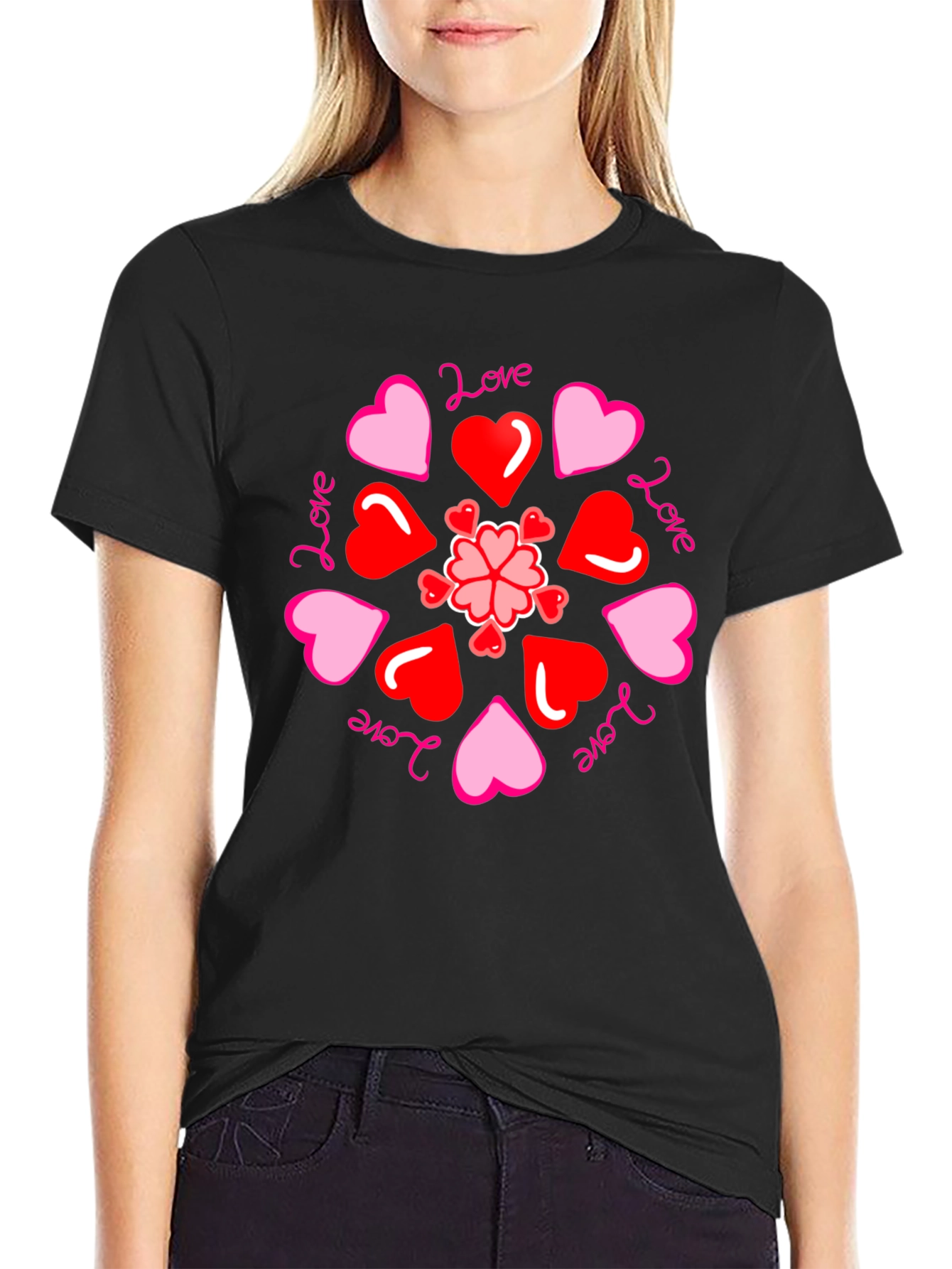 Black Love Hearts Mandala Black Tee view 2