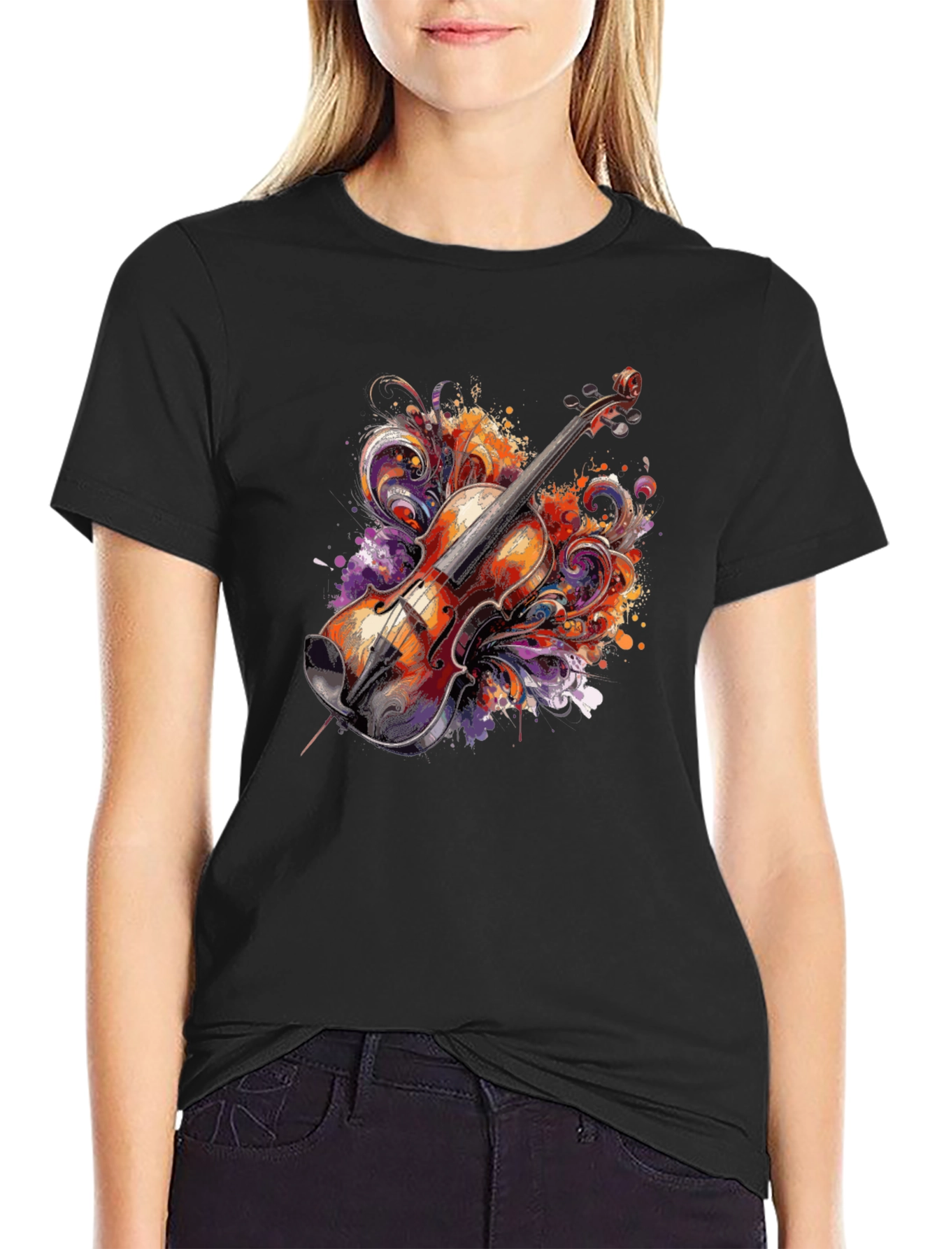 Black Musical Violin Graphic Tee - Artsy Black T-Shirt view 2