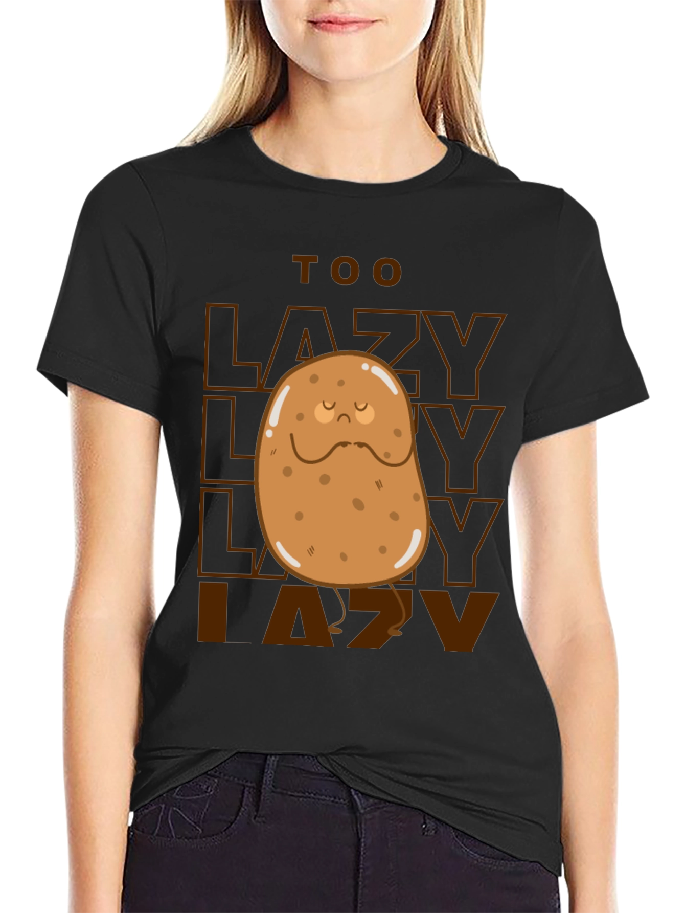 Black Too Lazy Potato Graphic Tee - Funny Unisex T-Shirt view 2
