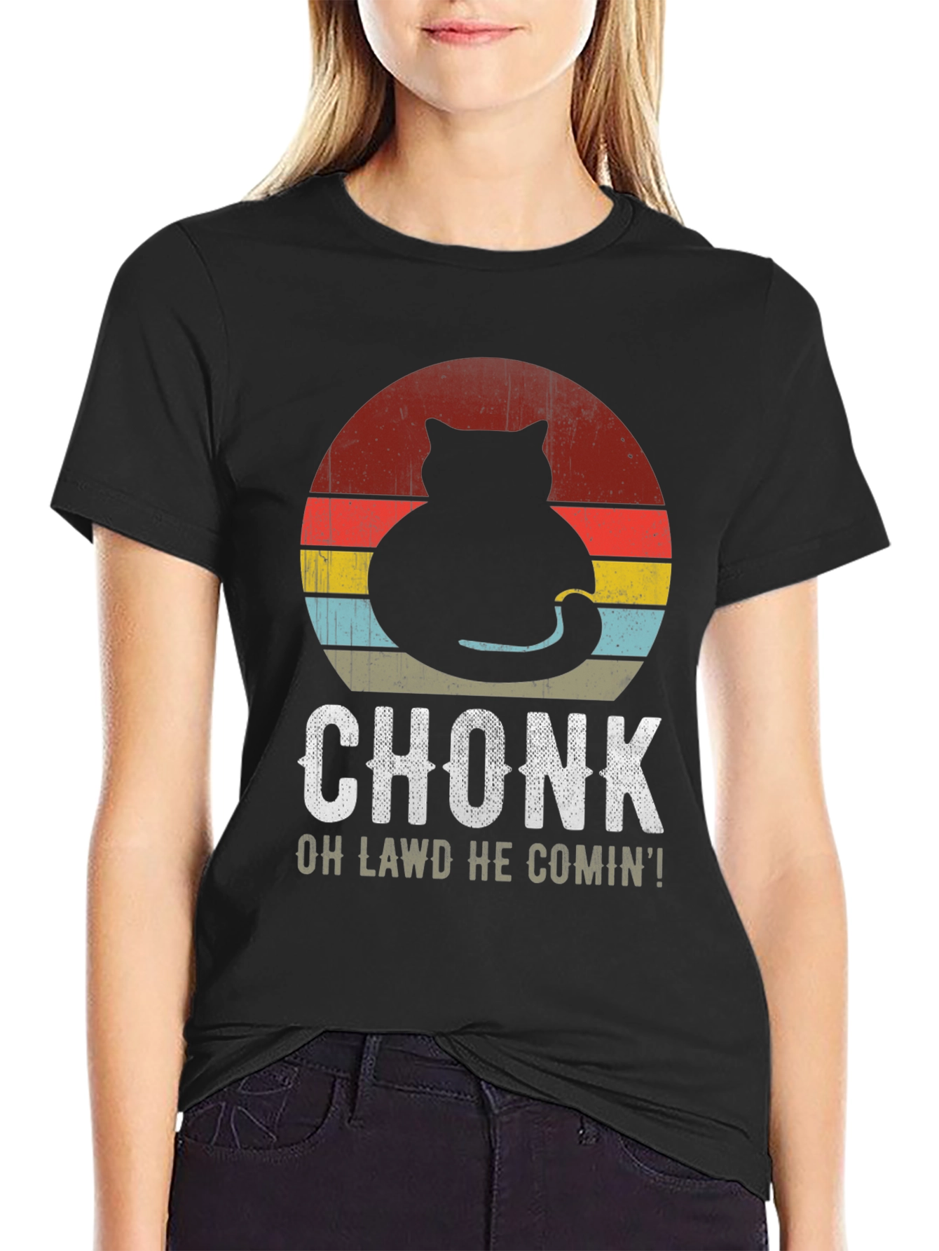 Black Chonk Cat Retro T-Shirt: Oh Lawd He Comin'! view 2