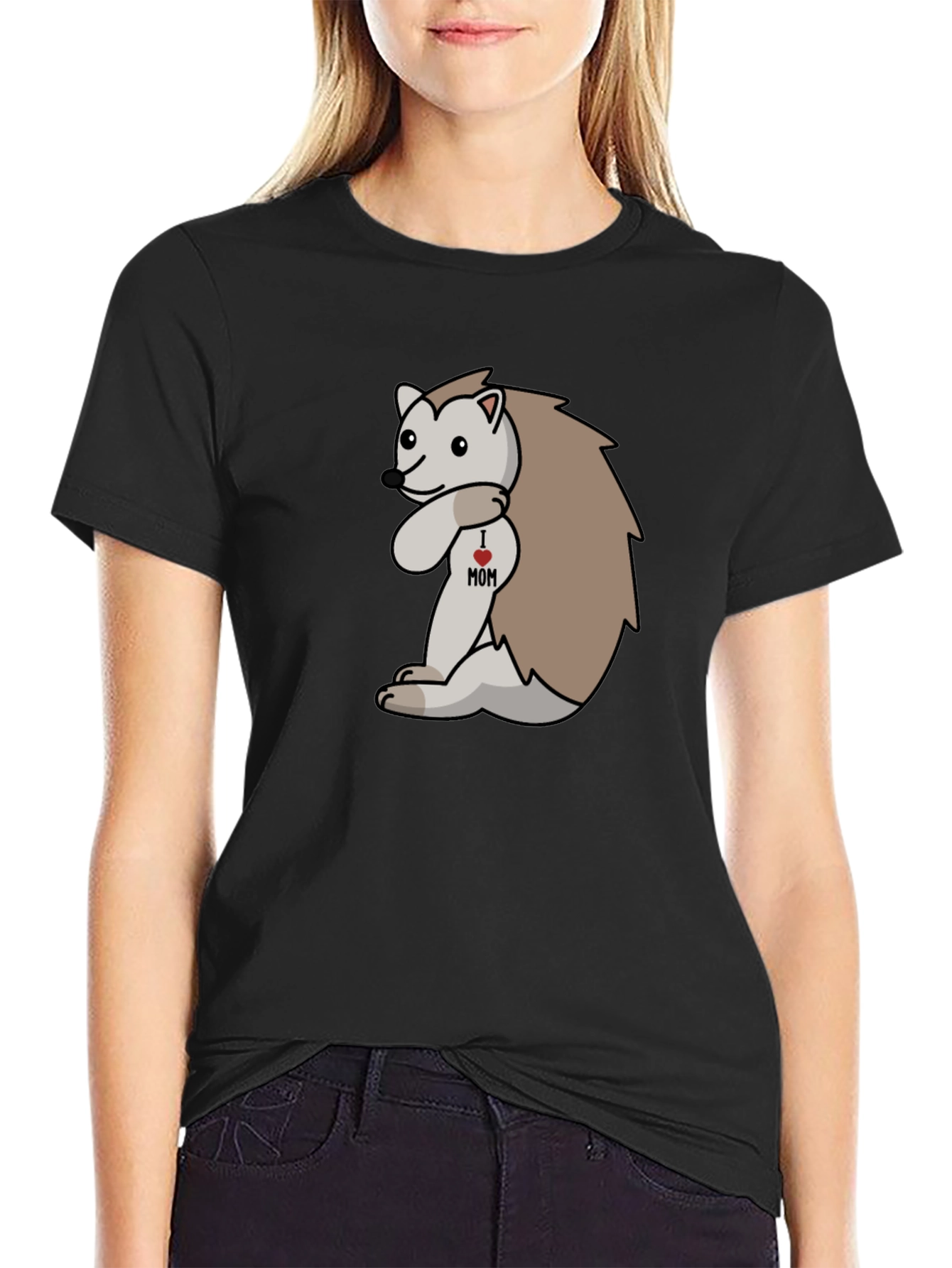 Black I Heart Mom Hedgehog Black T-Shirt view 2