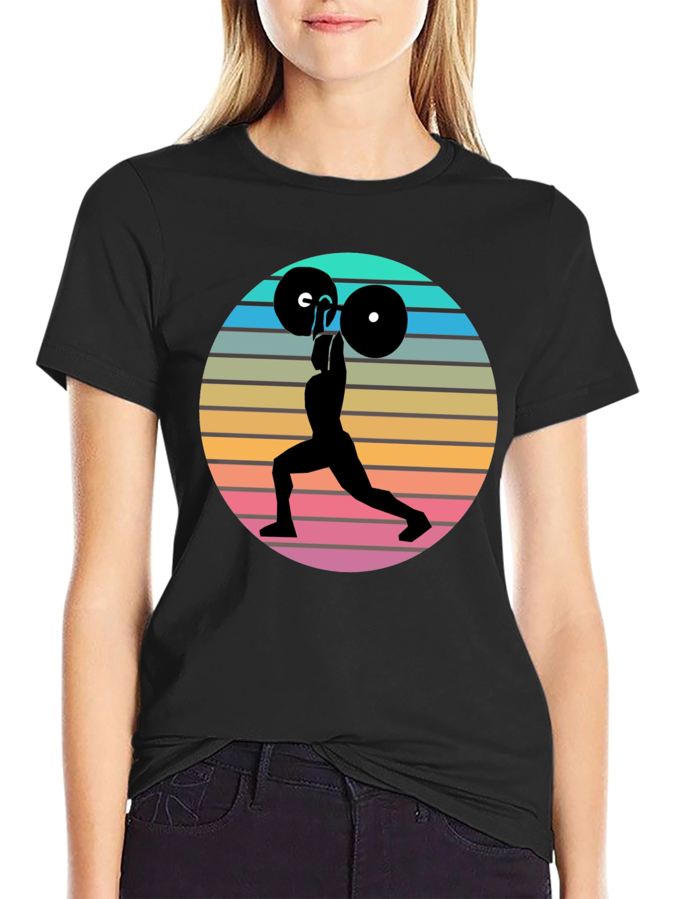 Black Retro Fitness T-Shirt - Weightlifting Silhouette view 2