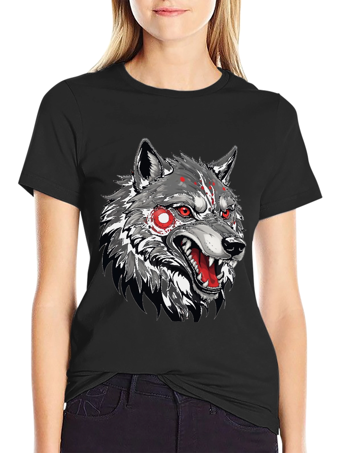 Black Men's Black T-Shirt with Wolf Graphic view 2