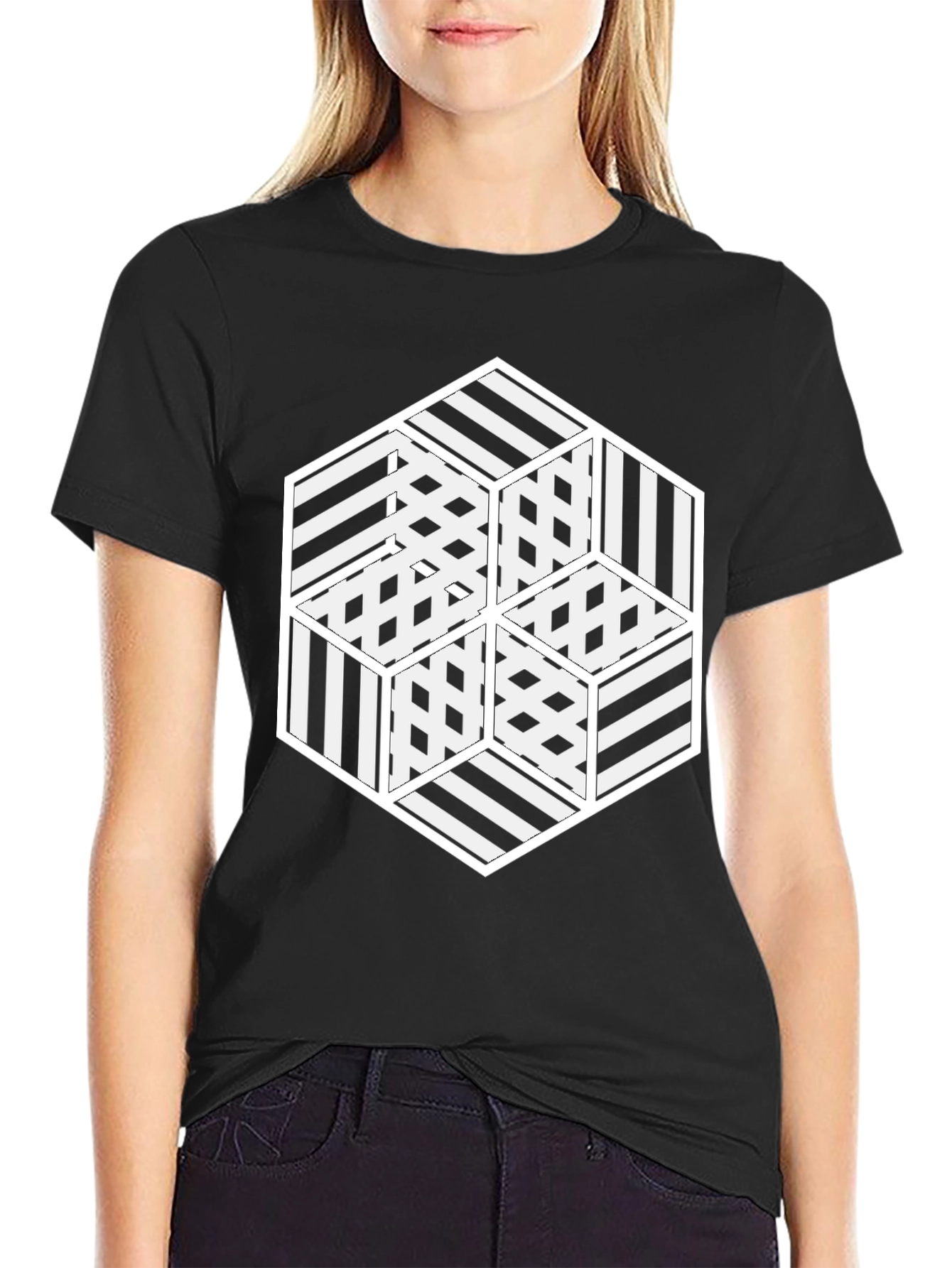 Black Optical Illusion Hexagon Graphic Tee view 2