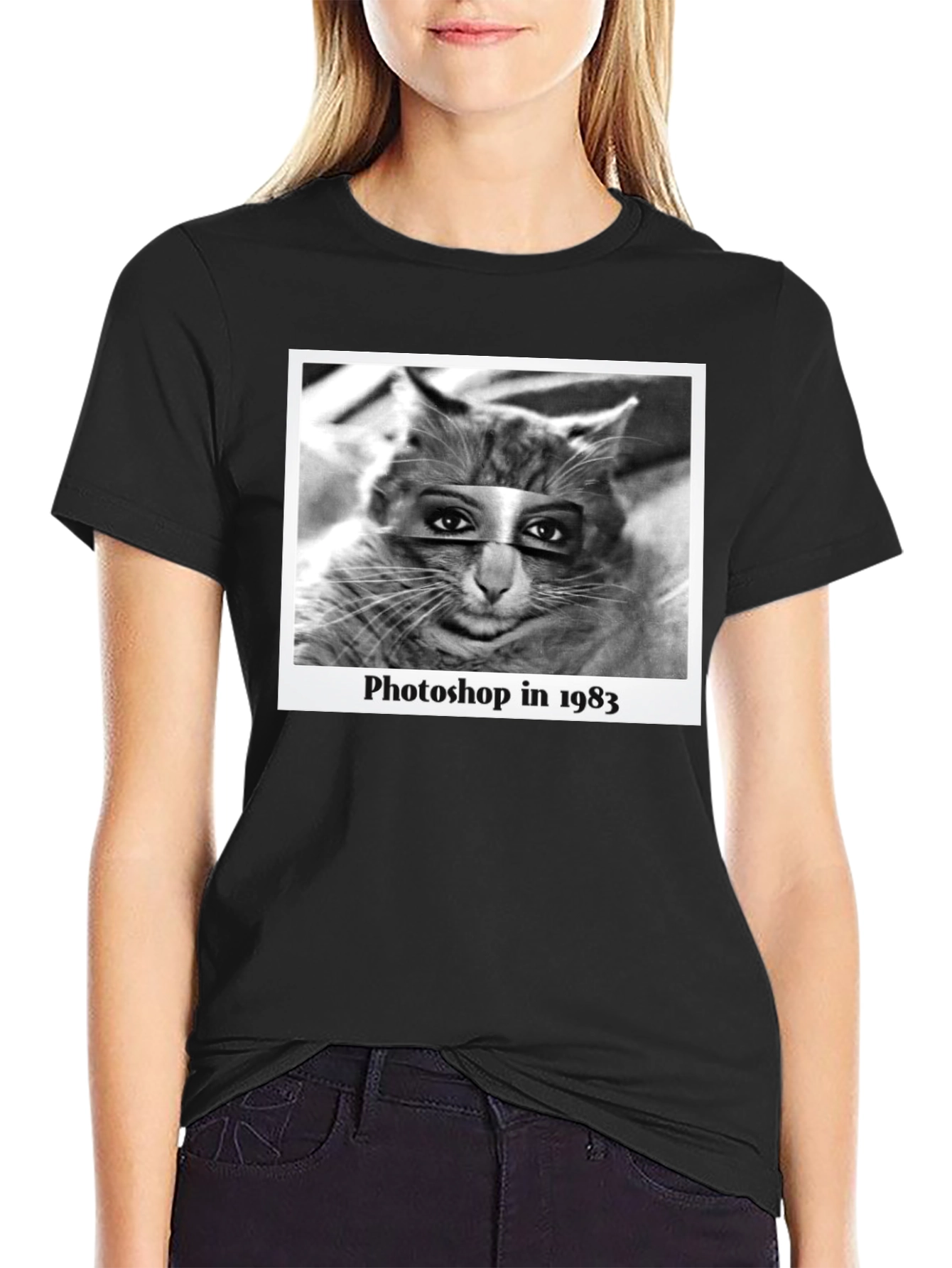 Black Retro Cat Photoshop T-Shirt view 2