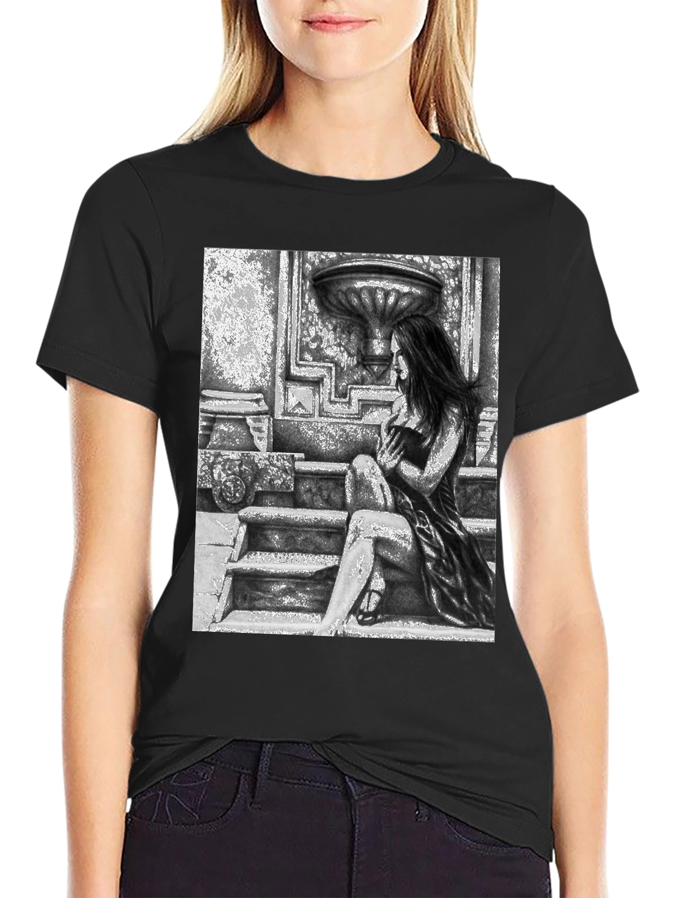 Black Gothic Beauty Tee - Woman on Steps Graphic T-Shirt view 2