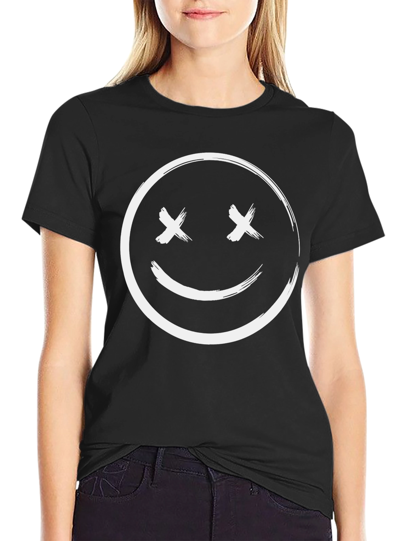 Black Black T-Shirt with Smiley Face Graphic view 2